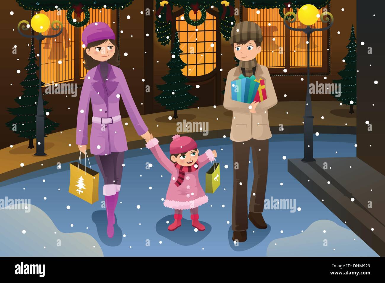 Un vecteur illustration de happy family shopping pour Noël ensemble au cours de la saison d'hiver Illustration de Vecteur