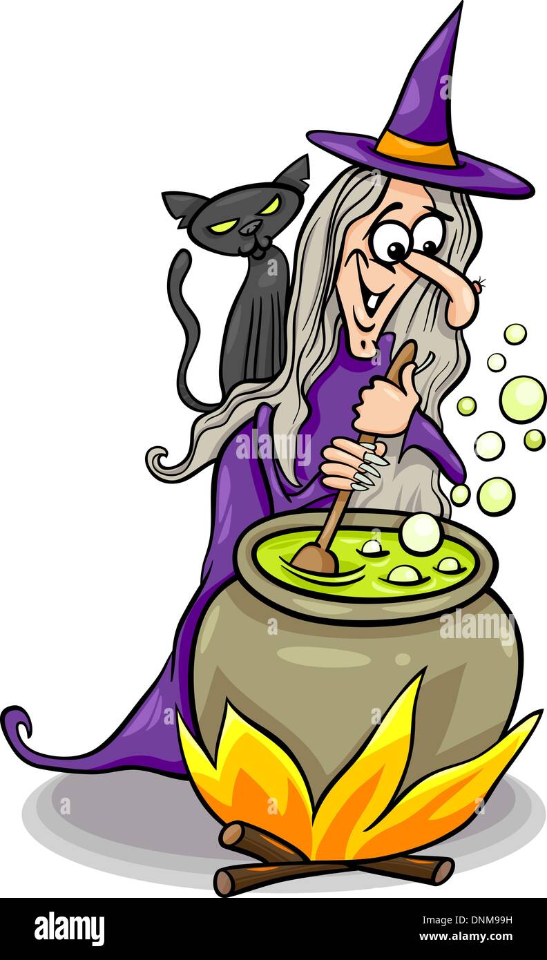 Cartoon Illustration De Fantasy Drole Ou Halloween Sorciere Chat Noir Avec Un Melange De Cuisine Magique Image Vectorielle Stock Alamy