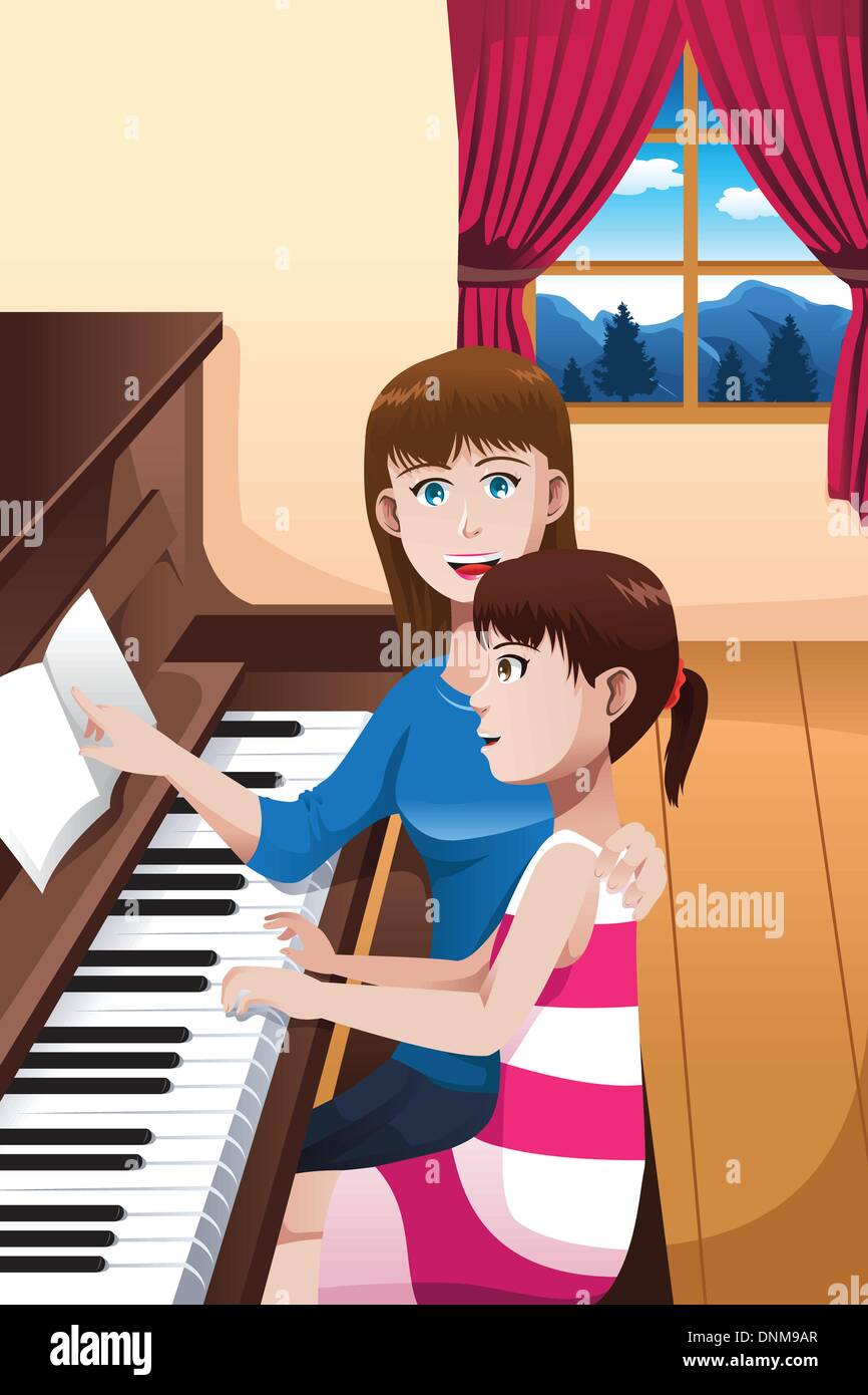 Un vecteur illustration de l'enseignement de mère heureuse sa fille à jouer du piano Illustration de Vecteur