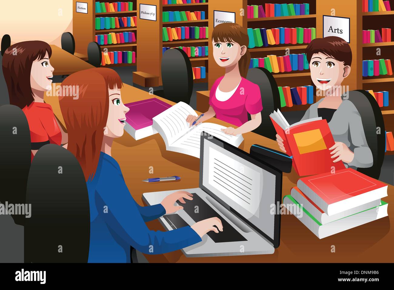 Un vecteur illustration de college students studying in a library ensemble Illustration de Vecteur