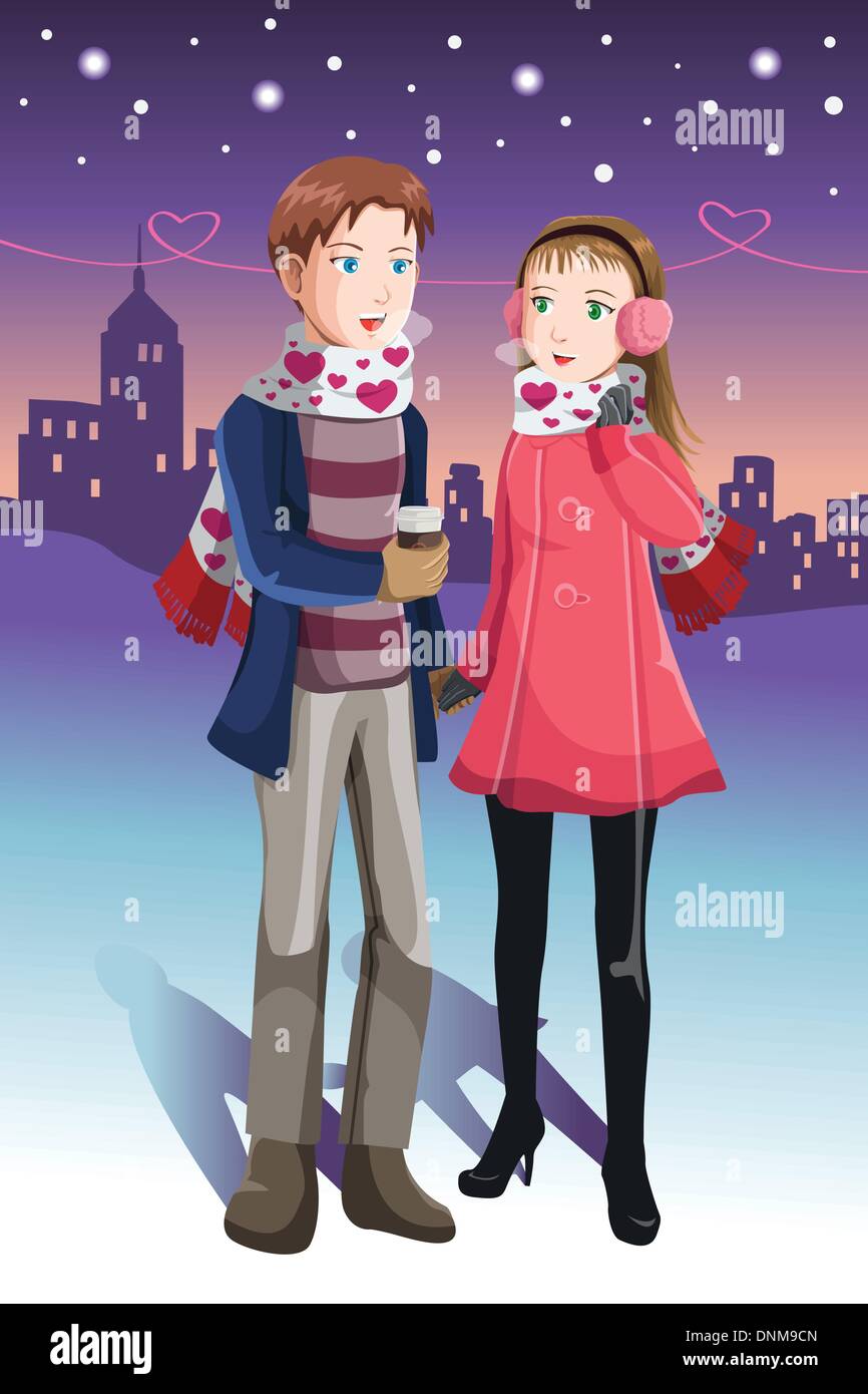 Un vecteur illustration d'un jeune couple dans l'amour en hiver Illustration de Vecteur