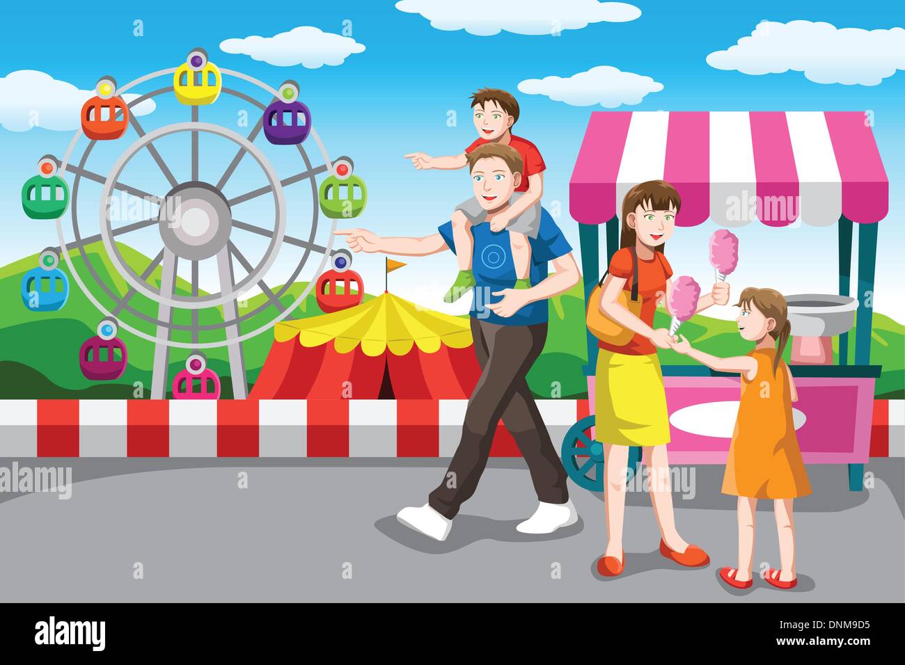 Un vecteur illustration d'une famille heureuse dans le parc d'attractions de loisirs Illustration de Vecteur