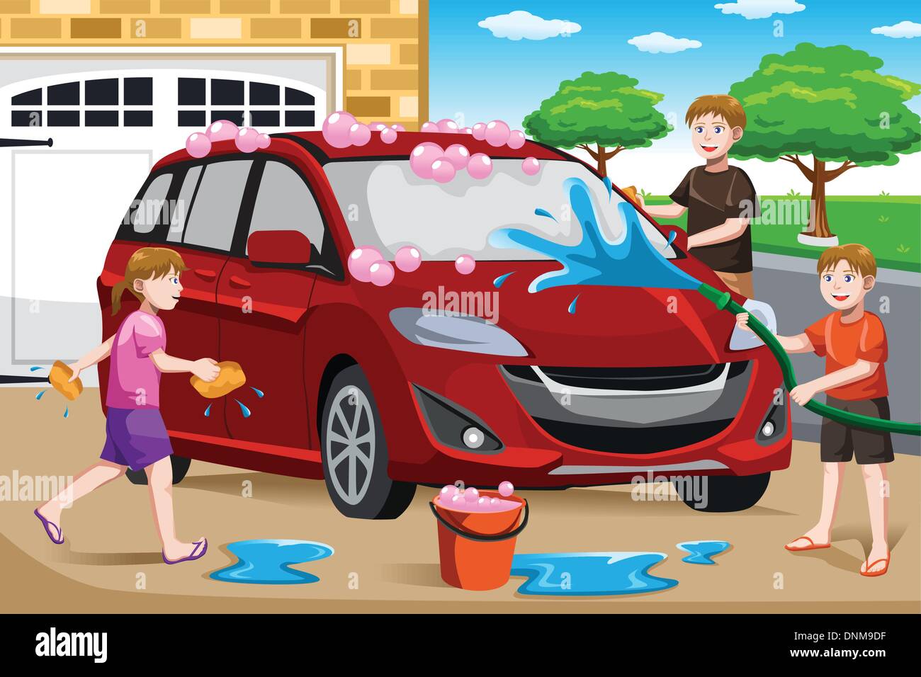 Un vecteur illustration d'enfants heureux d'aider leur père washing car Illustration de Vecteur