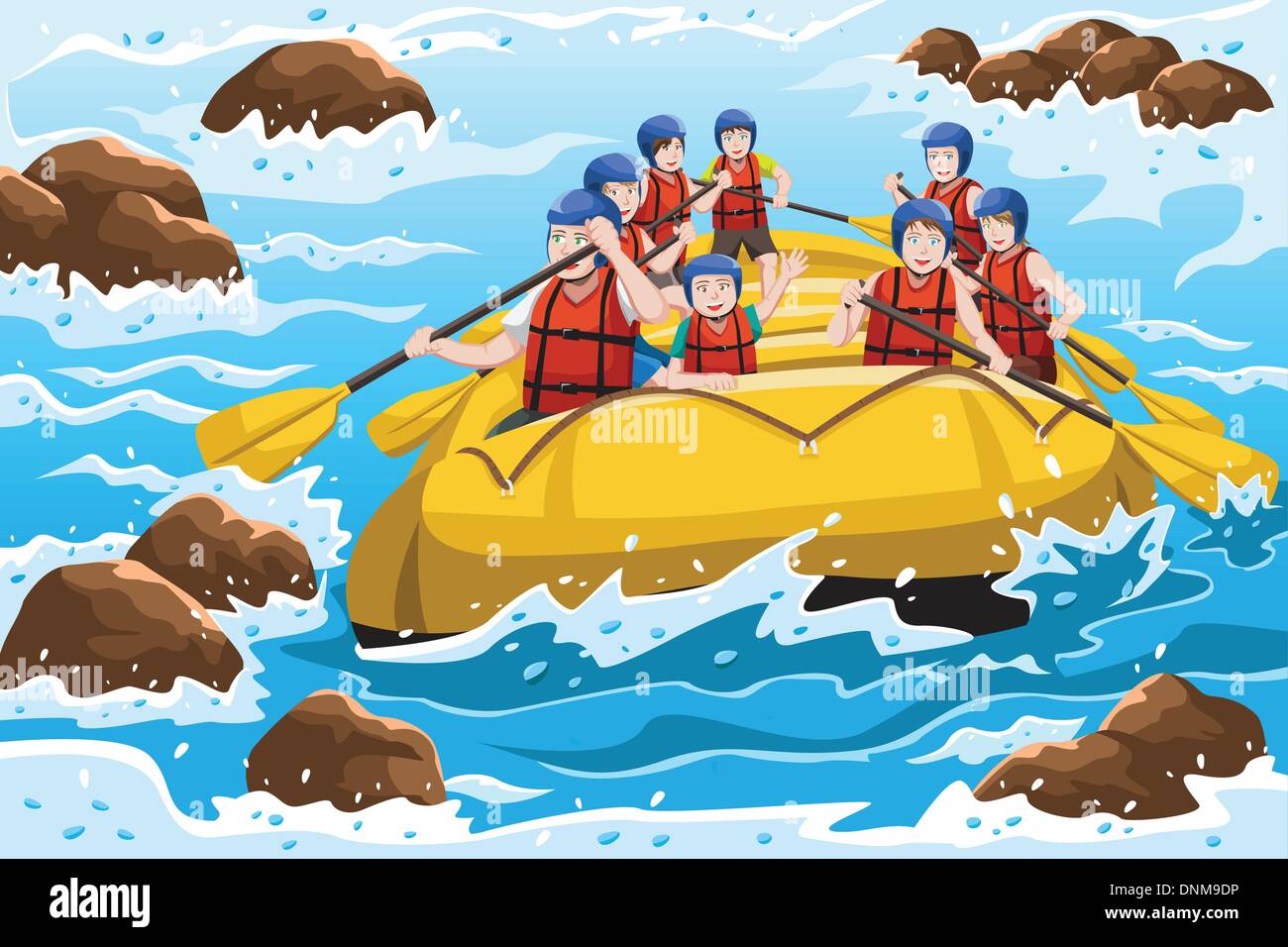 Un vecteur illustration d'un groupe de gens heureux du rafting sur la rivière Illustration de Vecteur