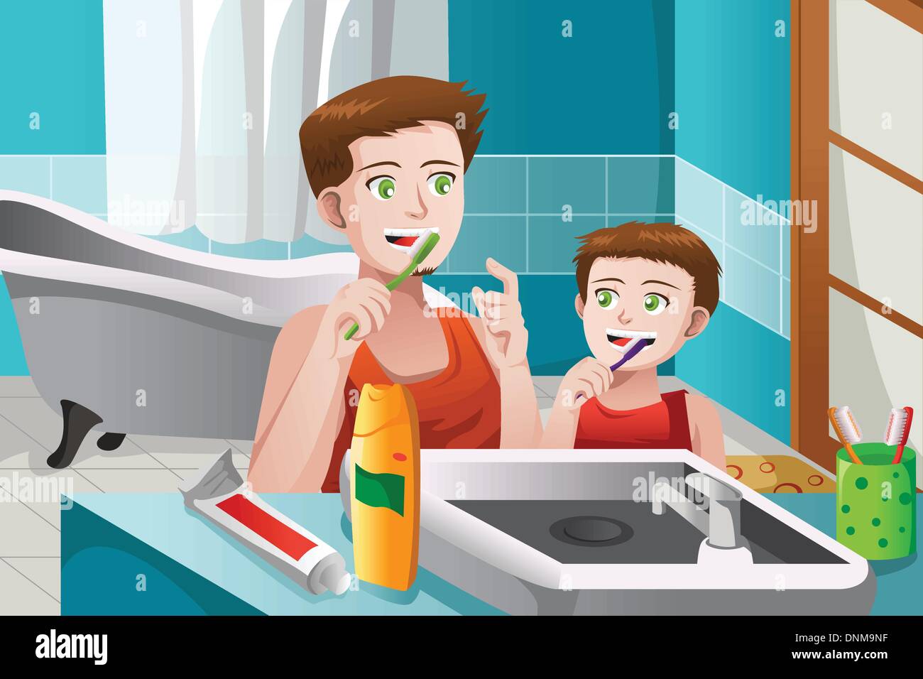 Un vecteur illustration de l'enseignement du père, son fils comment se brosser les dents Illustration de Vecteur