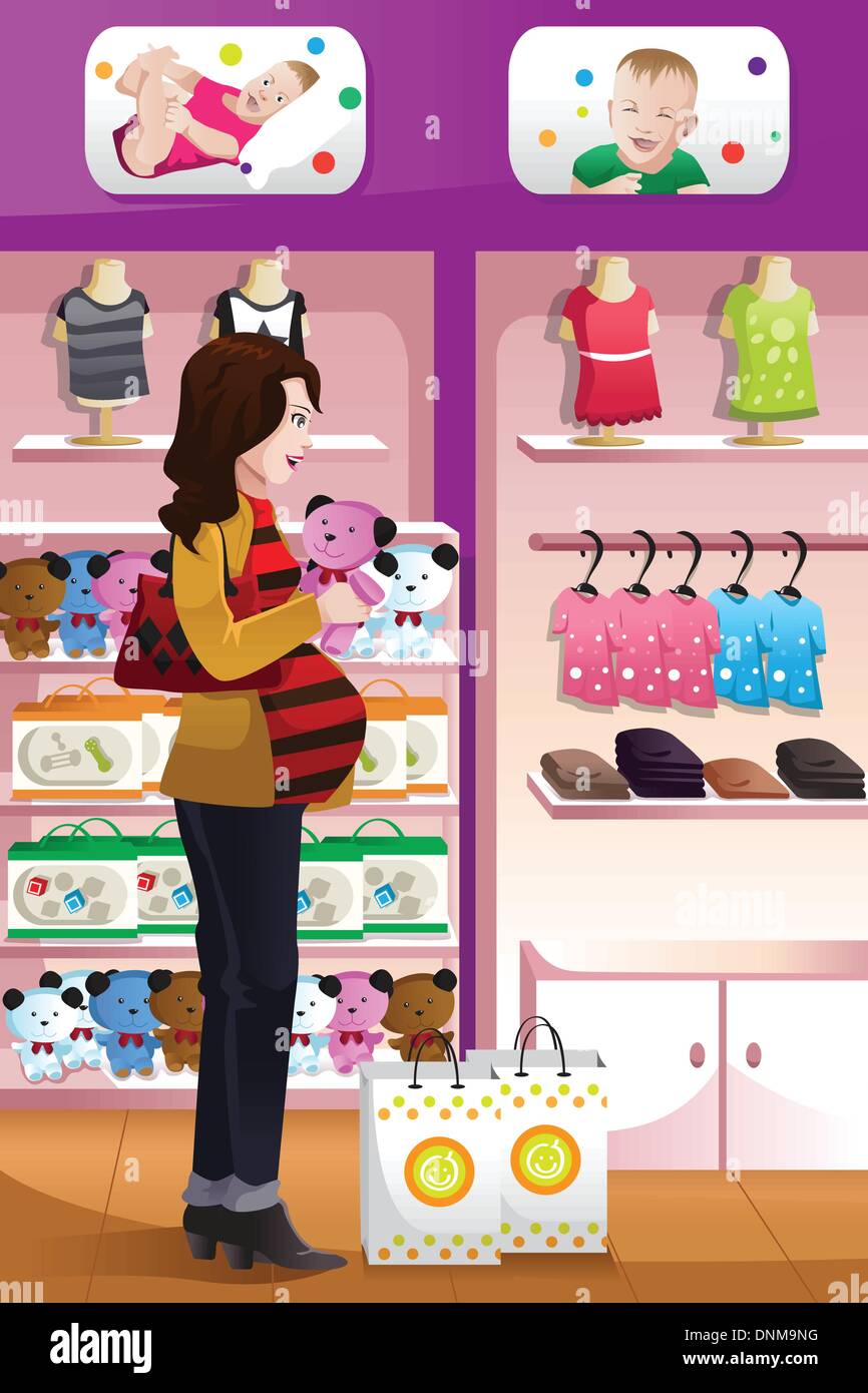 Un vecteur illustration de happy pregnant woman shopping for baby stuff Illustration de Vecteur