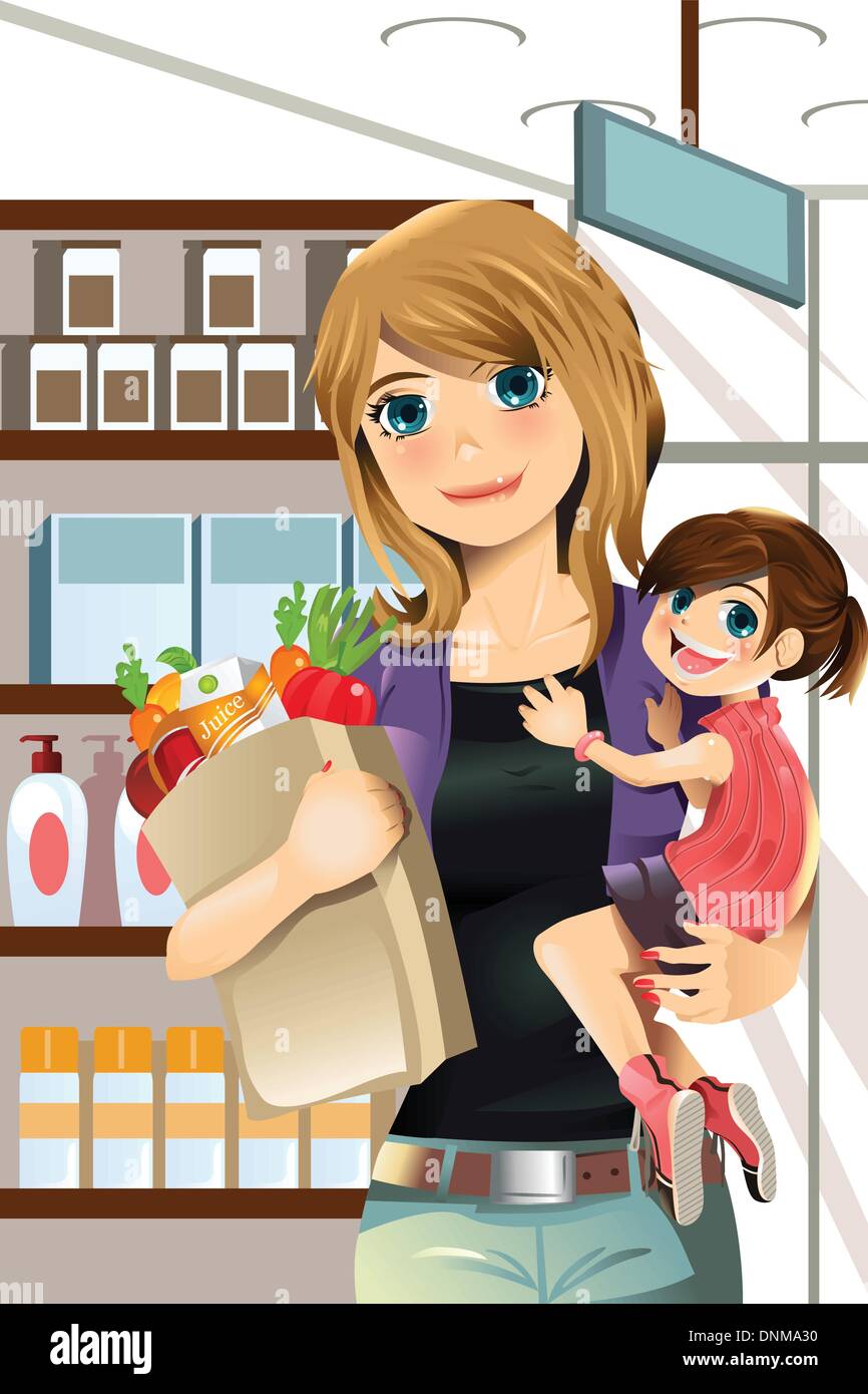 Un vecteur illustration d'une mère et une fille se rendre à l'épicerie Illustration de Vecteur