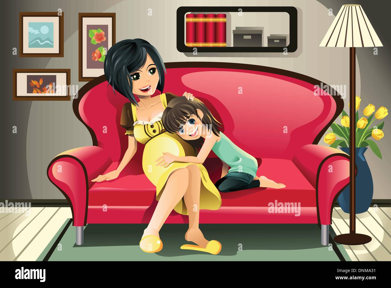 Un vecteur illustration d'une mère enceinte avec sa fille dans la salle de séjour Illustration de Vecteur