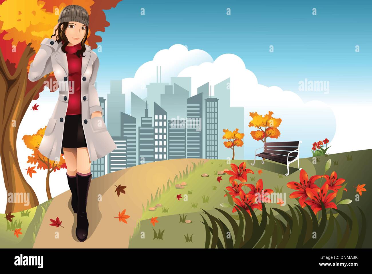 Un vecteur illustration de l'un ou à l'automne automne fille qui marche dans le parc Illustration de Vecteur