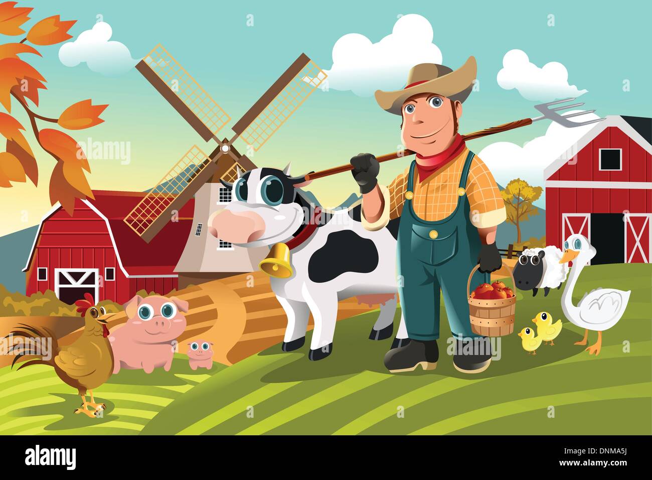 Un vecteur illustration de l'agriculteur dans sa ferme avec un groupe d'animaux de ferme Illustration de Vecteur