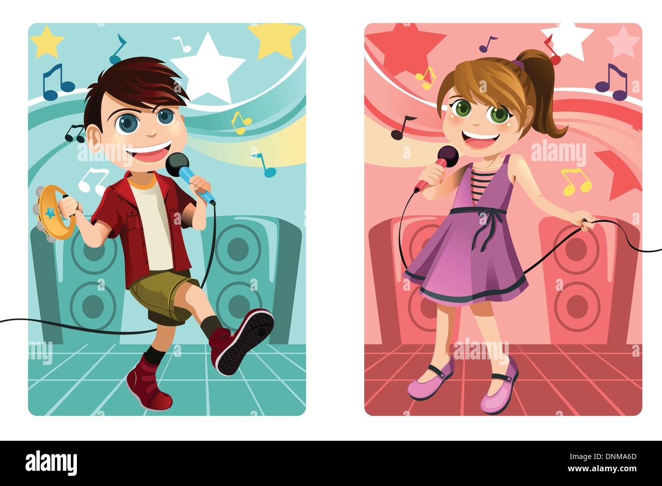 Un vecteur illustration de kids singing karaoke Illustration de Vecteur