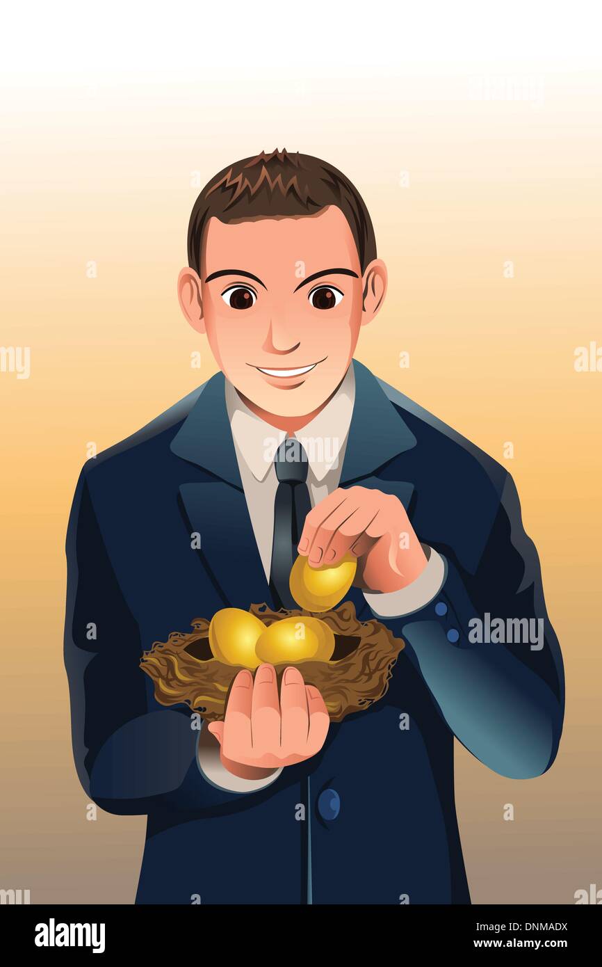 Un vector illustration of a businessman holding a nid d'oeufs, un concept d'épargne financière Illustration de Vecteur