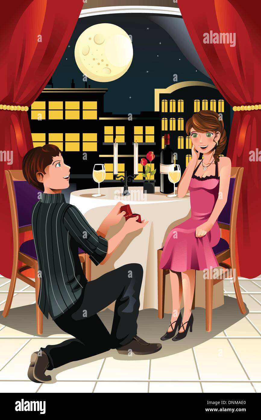 Un vecteur illustration d'une fille obtenant une proposition de mariage de son petit ami dans un restaurant Illustration de Vecteur