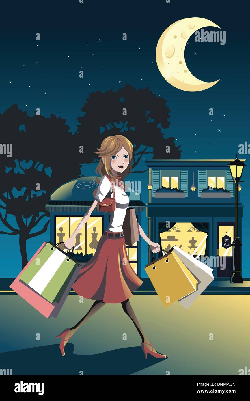 Un vecteur illustration of a woman shopping at night Illustration de Vecteur