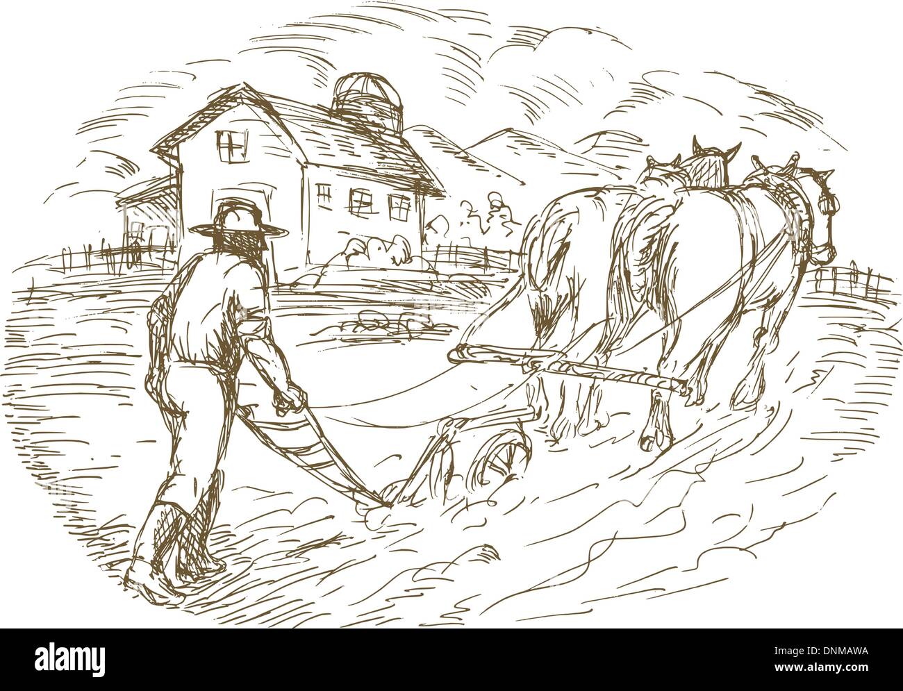 Des croquis dessinés à la main, vector illustration d'un agriculteur et l'labourer le champ avec barn farmhouse Illustration de Vecteur