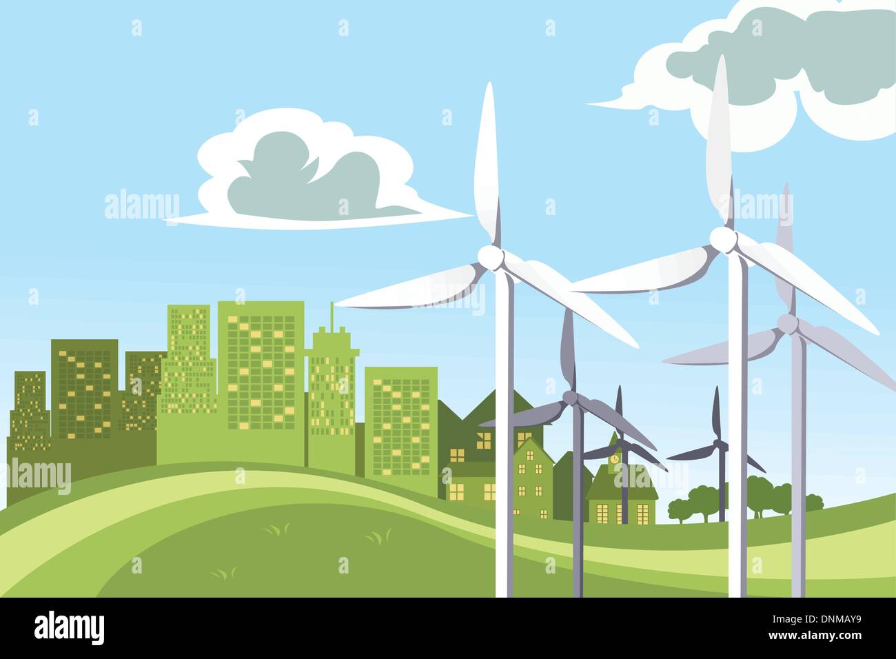 Un vecteur illustration d'un concept d'éoliennes alimentant la ville Illustration de Vecteur