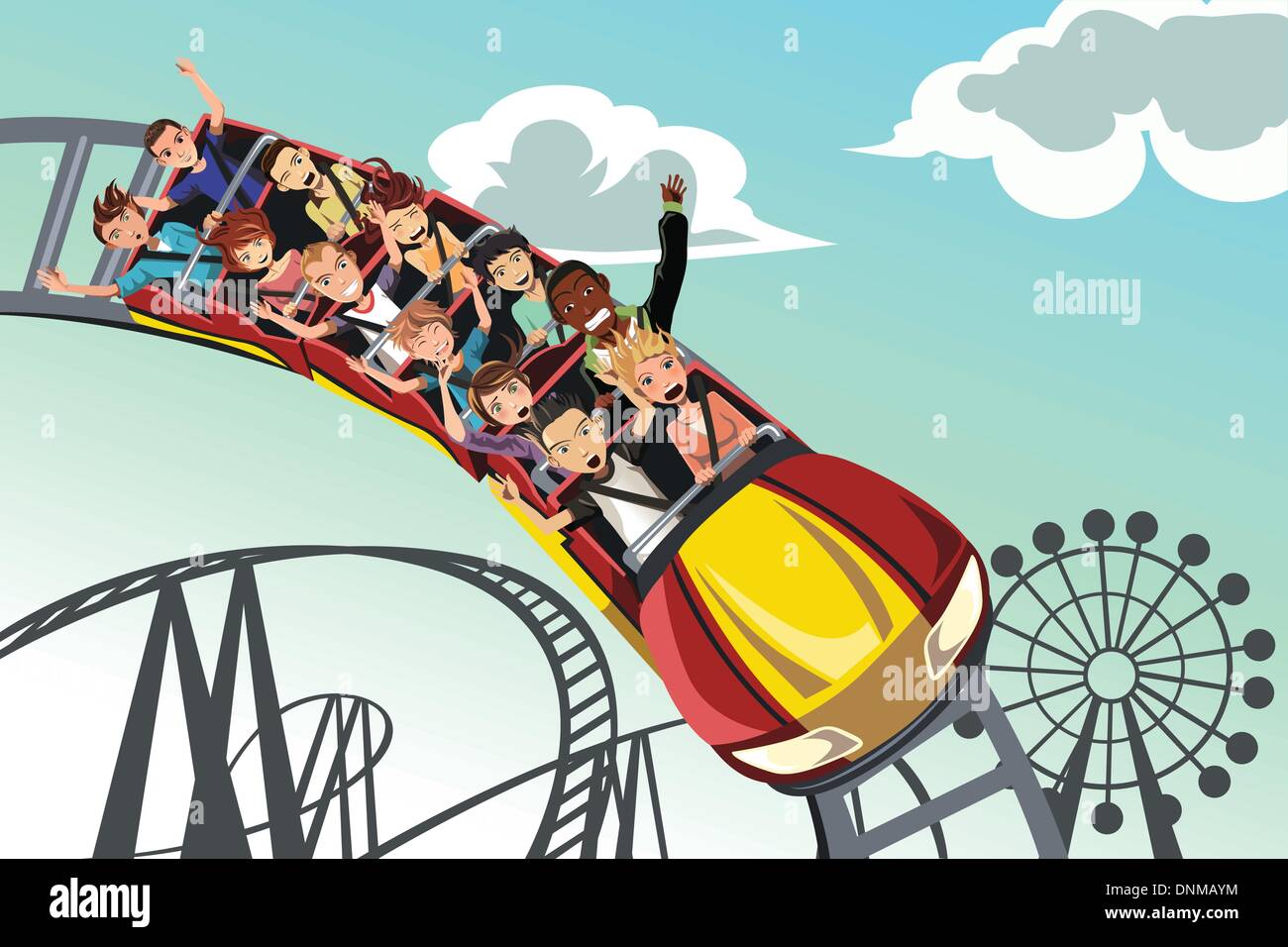 Un vecteur illustration de personnes équitation roller coaster dans un parc d'amusement Illustration de Vecteur