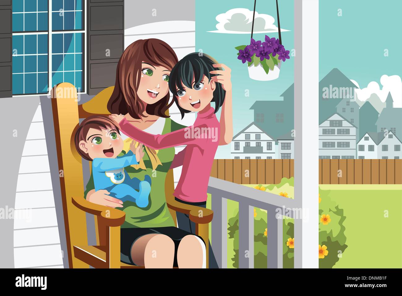 Un vecteur illustration d'une mère et ses enfants assis sur une chaise en face de leur maison Illustration de Vecteur