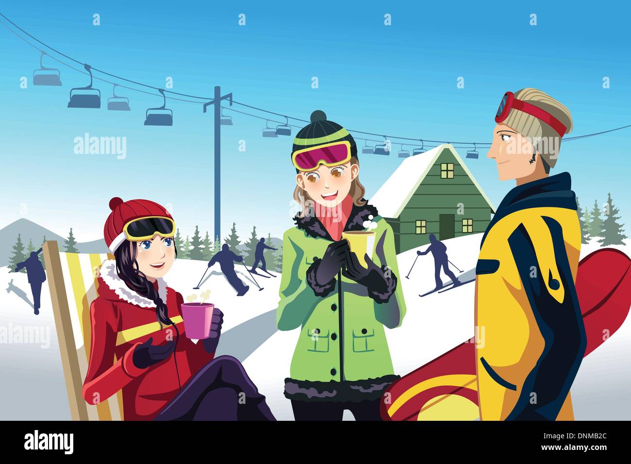 Un vecteur illustration de ski d'amis dans une station de ski Illustration de Vecteur