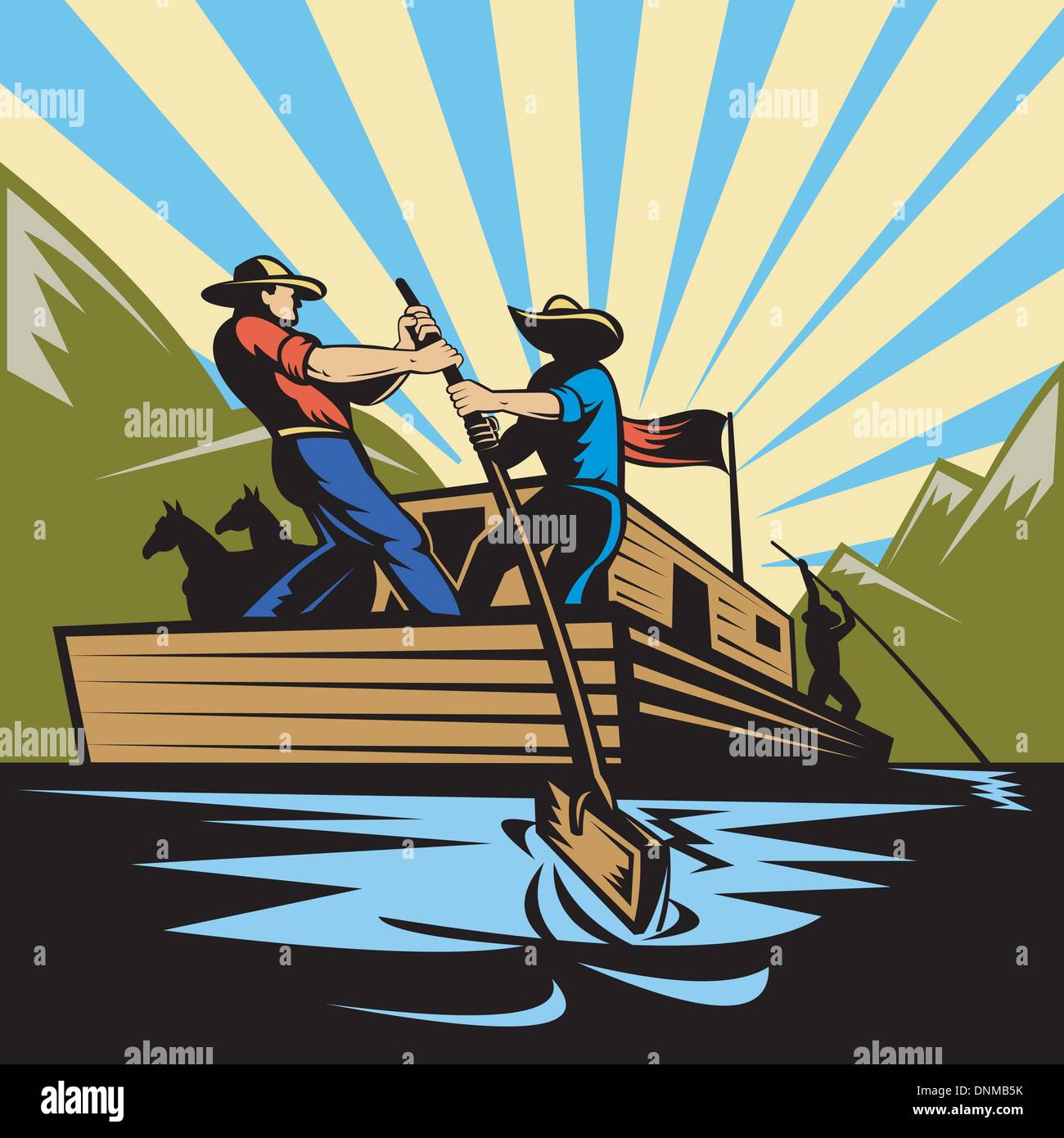 Illustration d'un cow-boy de direction de l'homme plate le long de la rivière Illustration de Vecteur