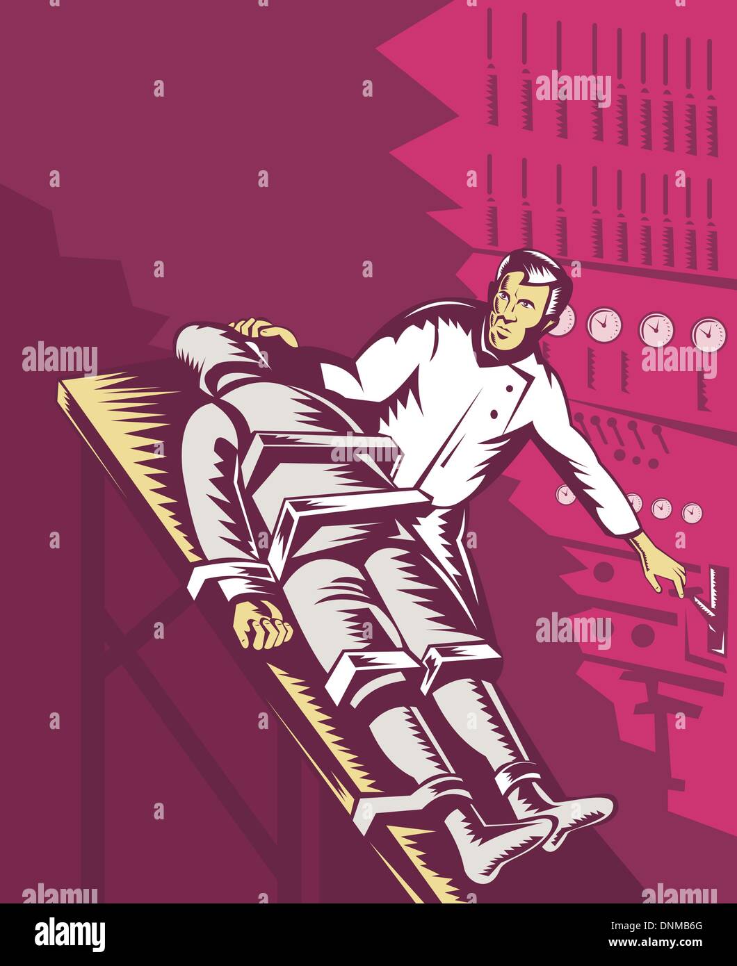 Illustration de M. Frakenstein à propos pour tourner le levier en marche pour faire son monstre création vivante dans son laboratoire fait en rétro style gravure sur bois. Illustration de Vecteur