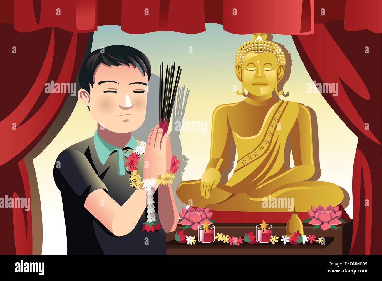 Un vecteur illustration d'un homme qui prie bouddhiste dans un temple Illustration de Vecteur