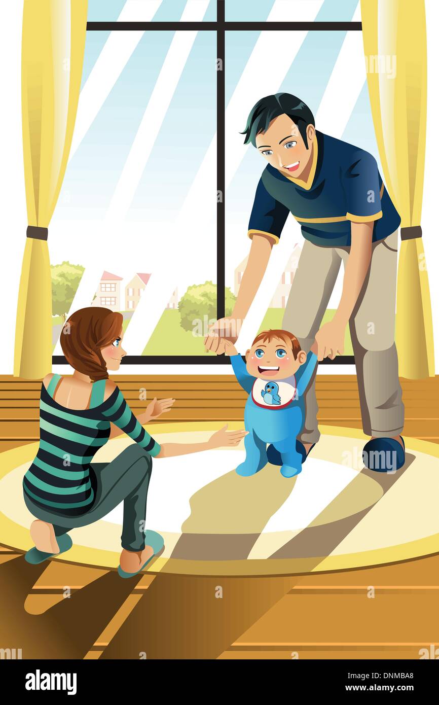 Un vecteur illustration de parents aident leur bébé garçon l'apprentissage de la marche Illustration de Vecteur