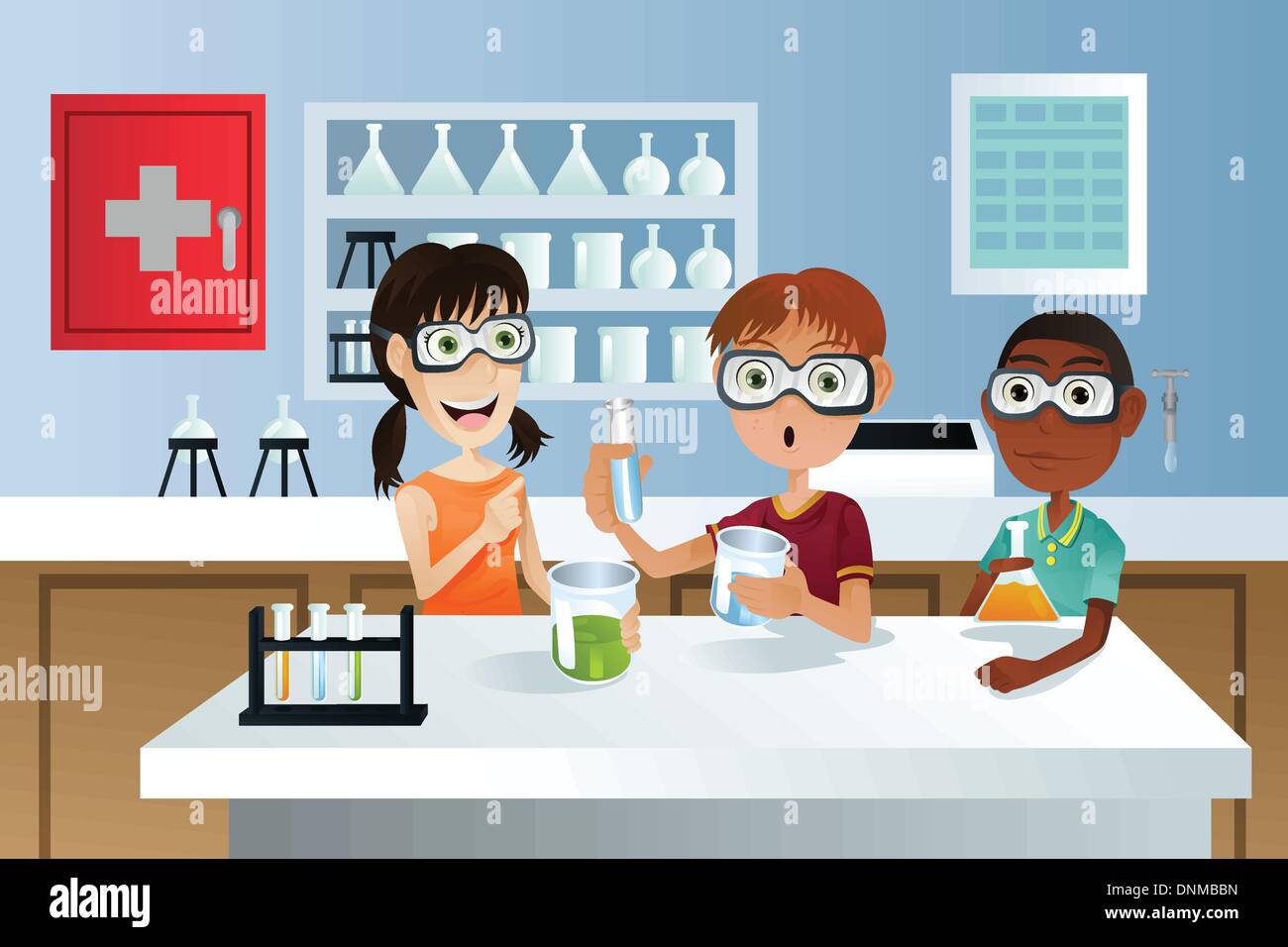 Un vecteur illustration d'élèves dans une classe de sciences, travaillant sur un projet scientifique Illustration de Vecteur