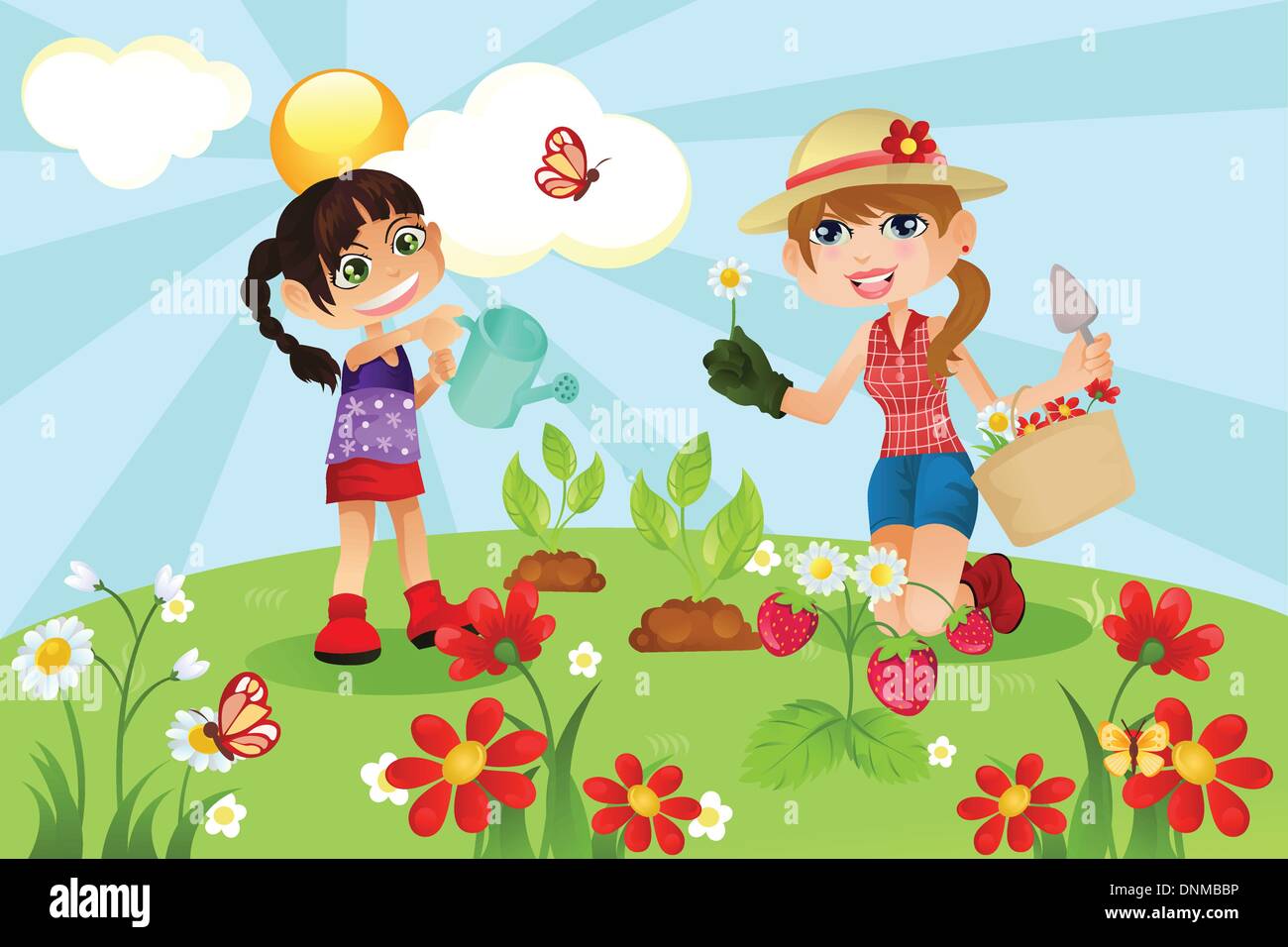 Un vecteur illustration d'une mère et une fille le jardinage Illustration de Vecteur
