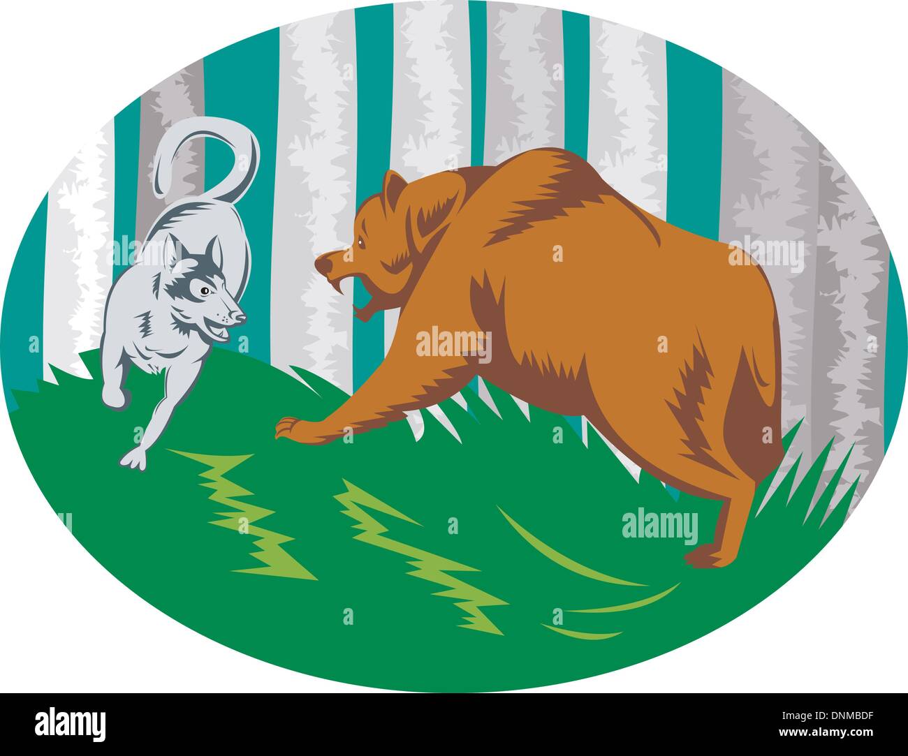 Illustration d'un chien sauvage loup contre un ours brun fixé à l'intérieur du cercle fait en style rétro. Illustration de Vecteur