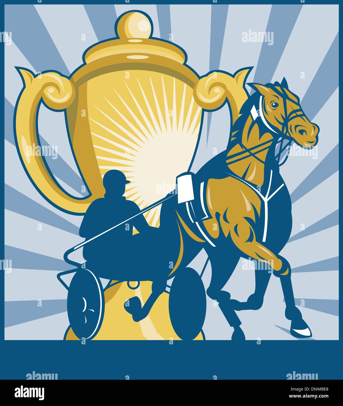 Illustration de sulkys courses de chevaux panier faisceau,vu de l'angle faible coupe du championnat avec en arrière-plan la solarisation et style rétro. Illustration de Vecteur