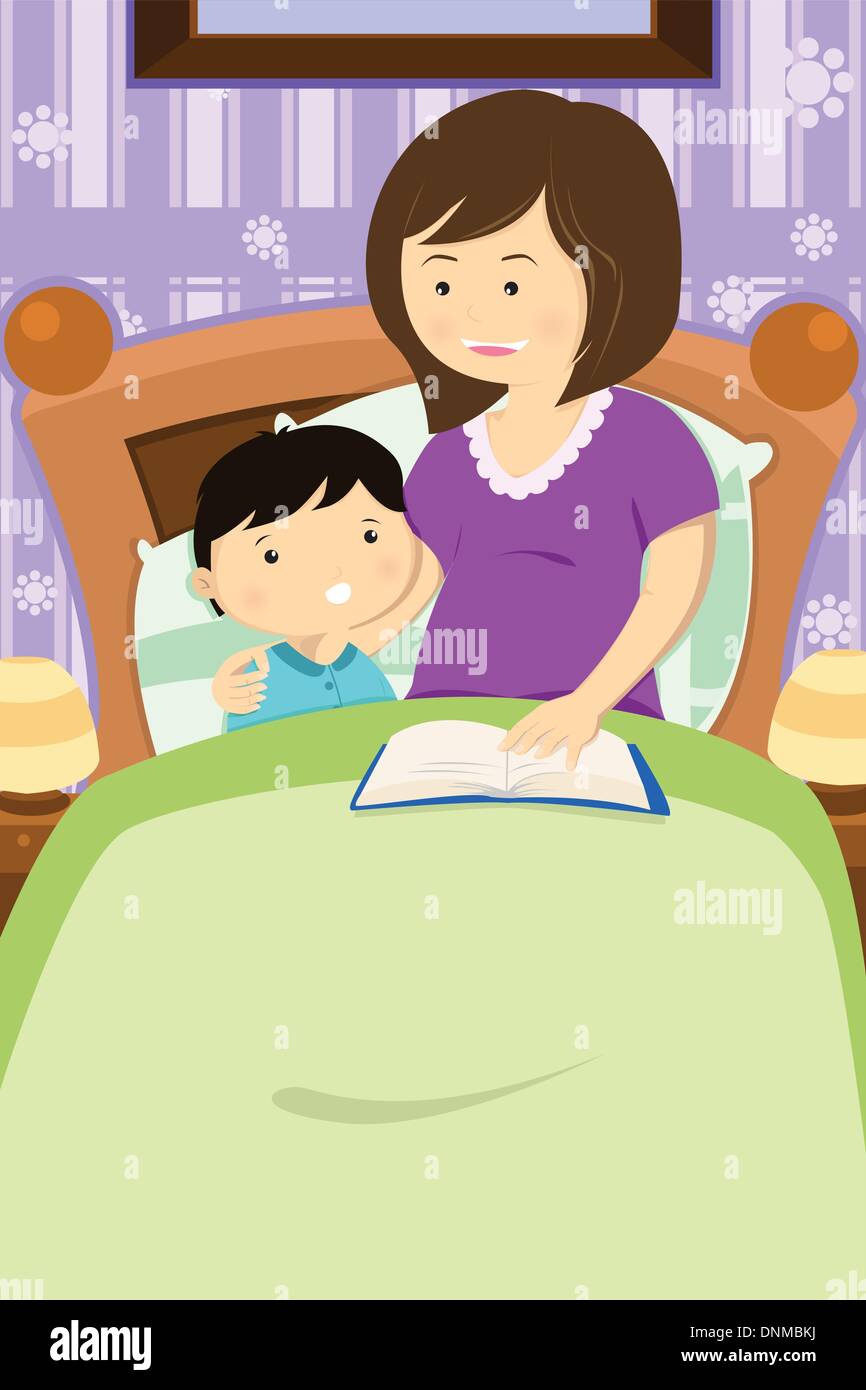 Un vecteur illustration de mère lecture une histoire à son fils Illustration de Vecteur