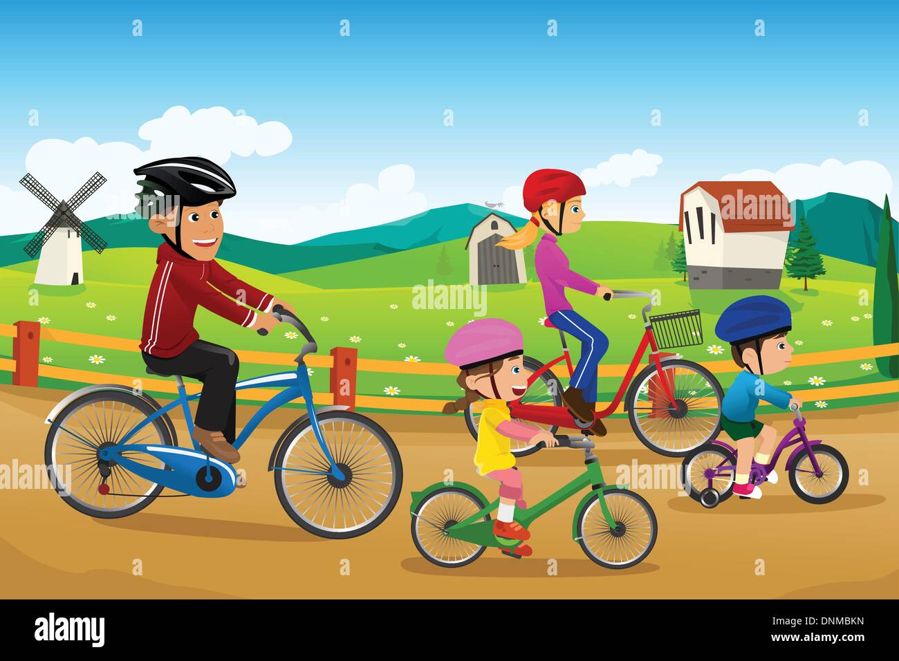 Un vecteur illustration de famille heureuse bicyclette vont ensemble dans une région rurale de campagne Illustration de Vecteur