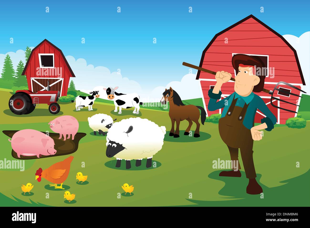 Un vecteur illustration de l'agriculteur dans sa ferme avec des animaux de ferme Illustration de Vecteur