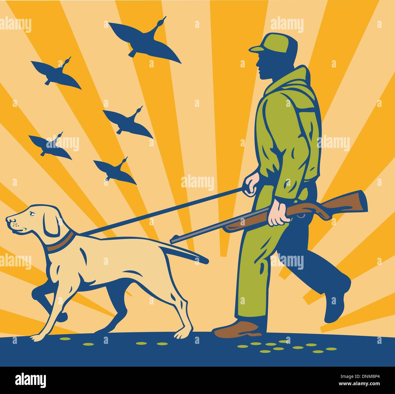 Illustration d'un chasseur au fusil de chasse formés à marcher avec chien Illustration de Vecteur