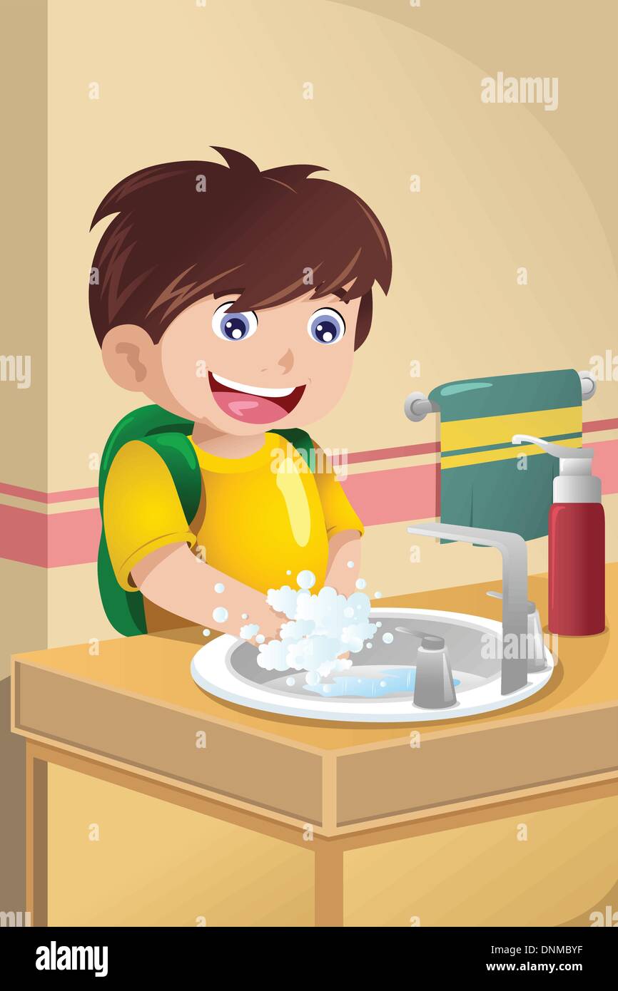 Un vecteur illustration de mignon petit garçon de laver ses mains Illustration de Vecteur