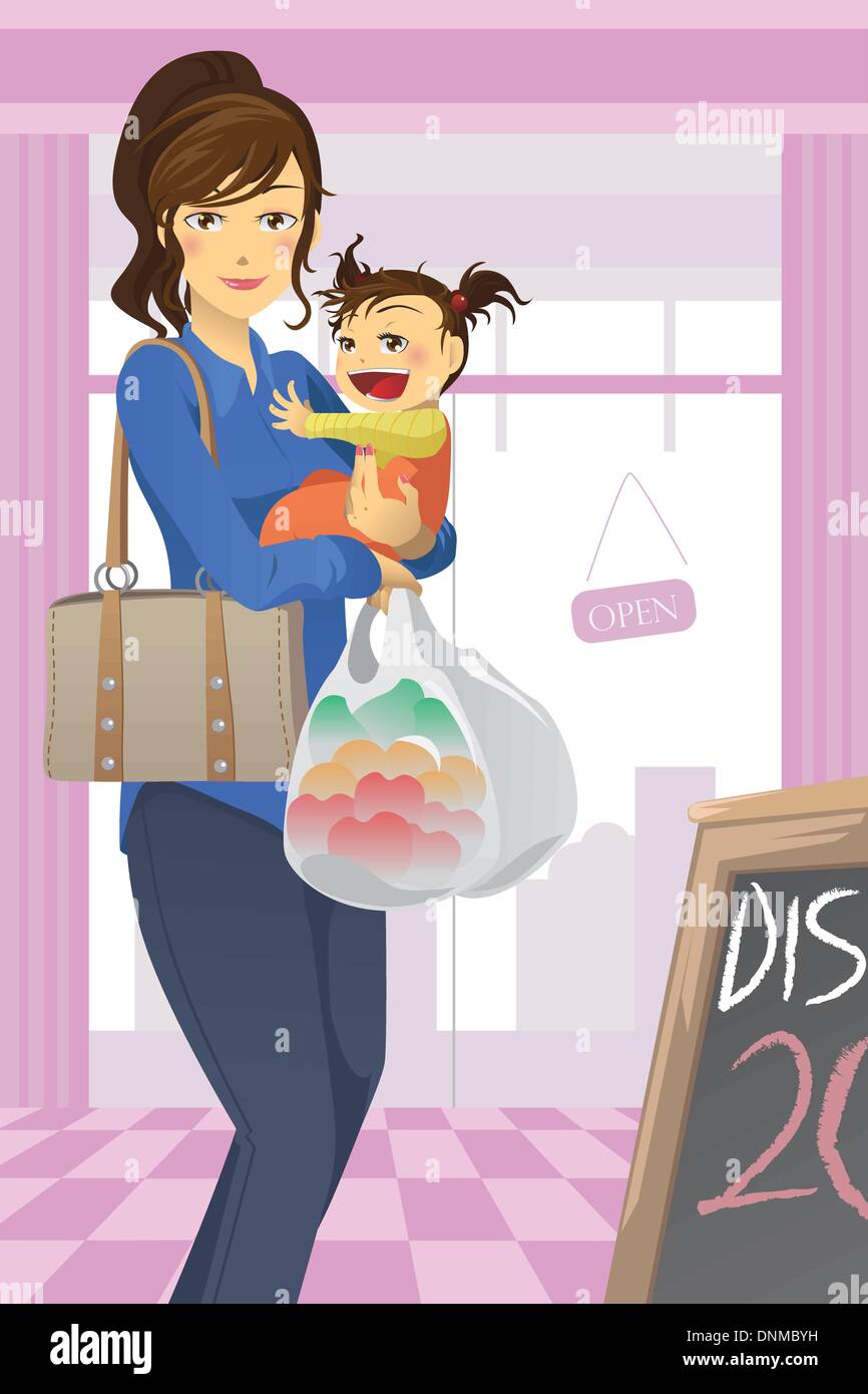 Un vecteur illustration d'une mère et une fille se rendre à l'épicerie Illustration de Vecteur