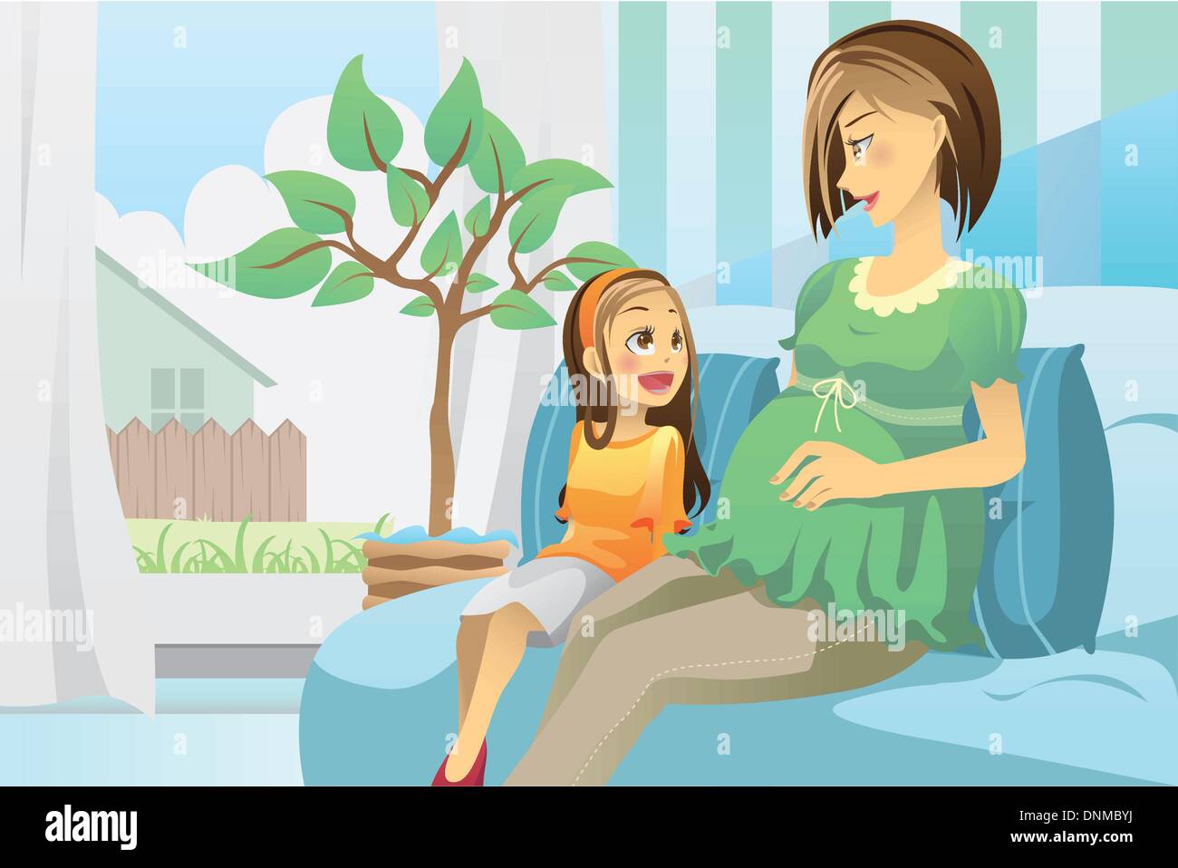 Un vecteur illustration d'une mère enceinte avec sa fille dans la salle de séjour Illustration de Vecteur