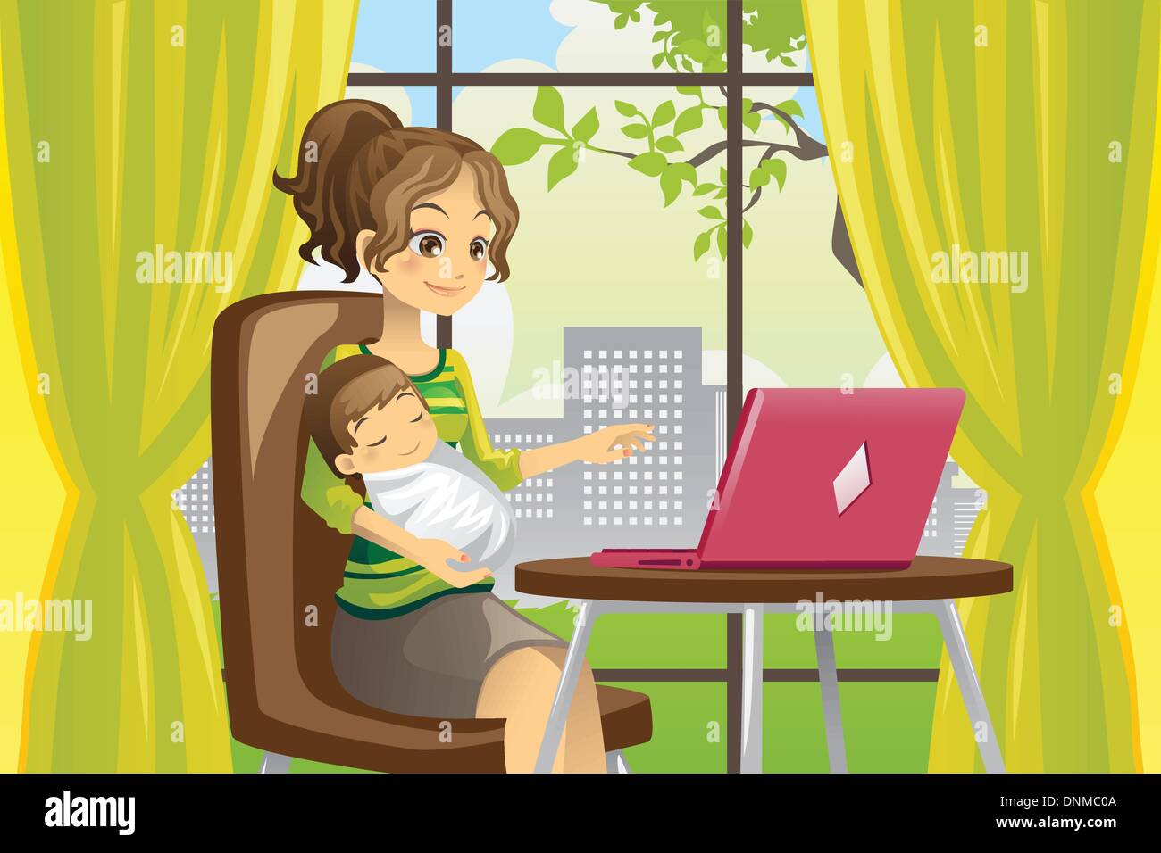 Un vecteur illustration d'une mère qui travaille sur un ordinateur portable tout en tenant un bébé Illustration de Vecteur