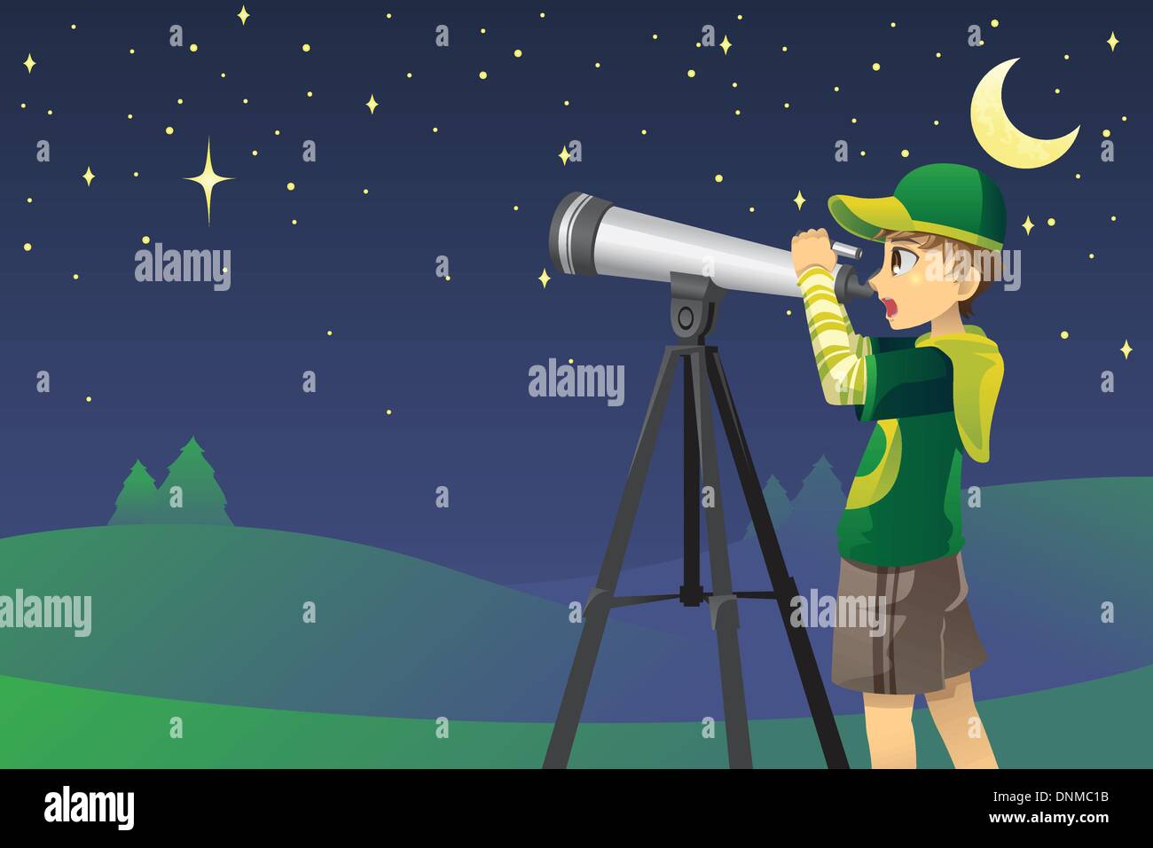 Un vecteur illustration d'un jeune garçon regardant les étoiles dans le ciel à l'aide d'un télescope Illustration de Vecteur