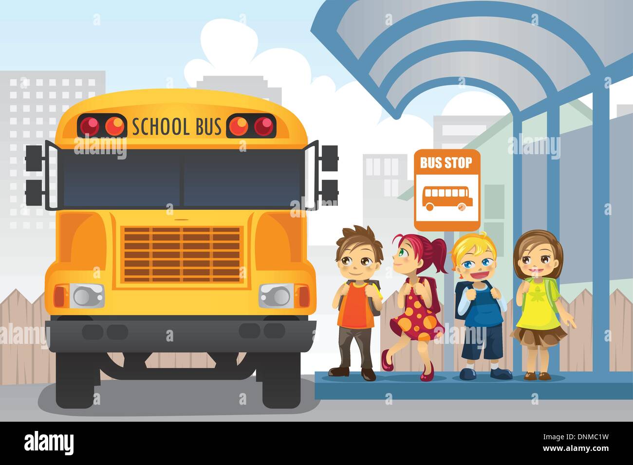 Un vecteur illustration de peu d'enfants en attente à un arrêt d'autobus Illustration de Vecteur