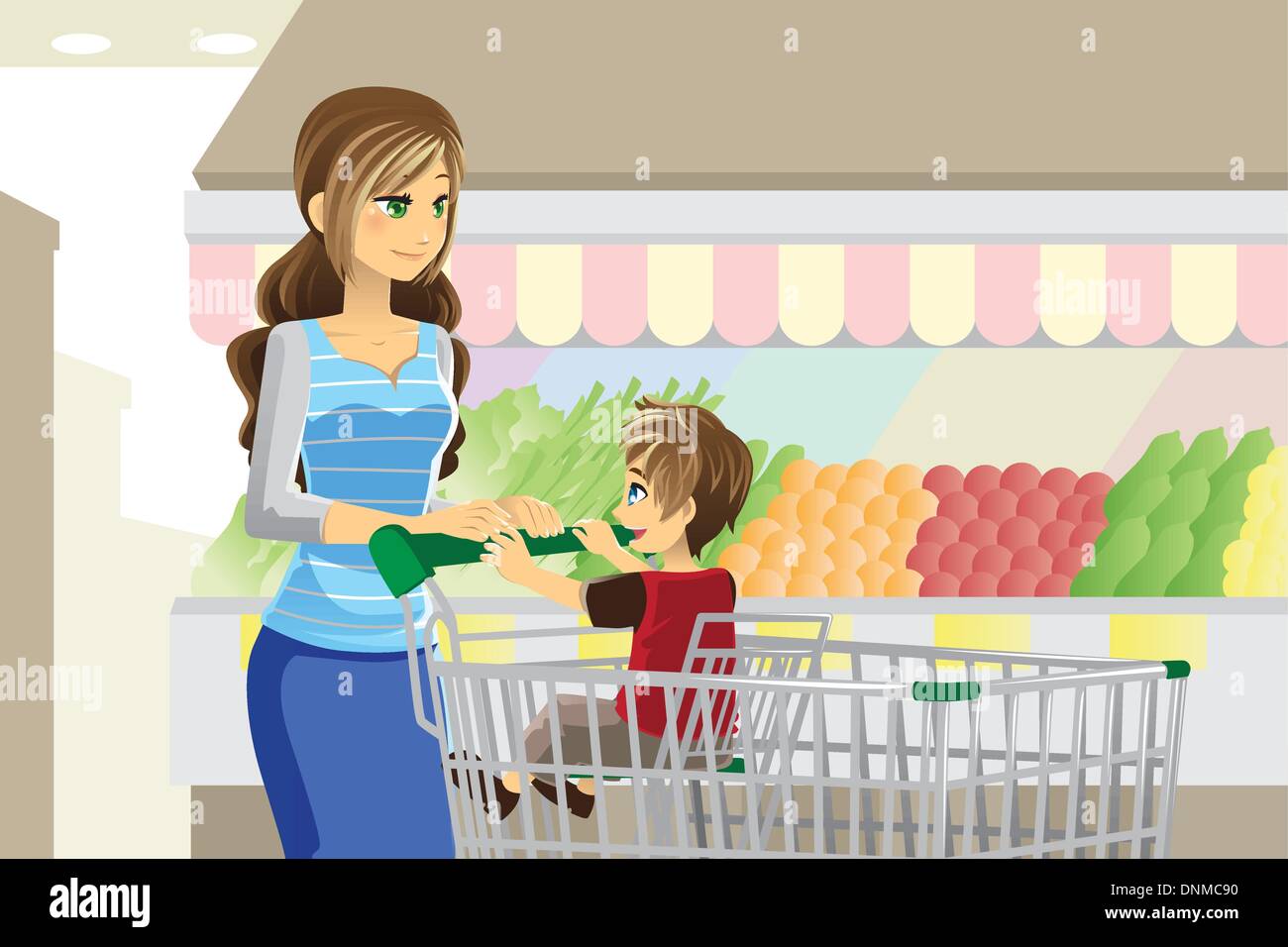 Un vecteur illustration d'une mère et son fils se rendre à l'épicerie Illustration de Vecteur