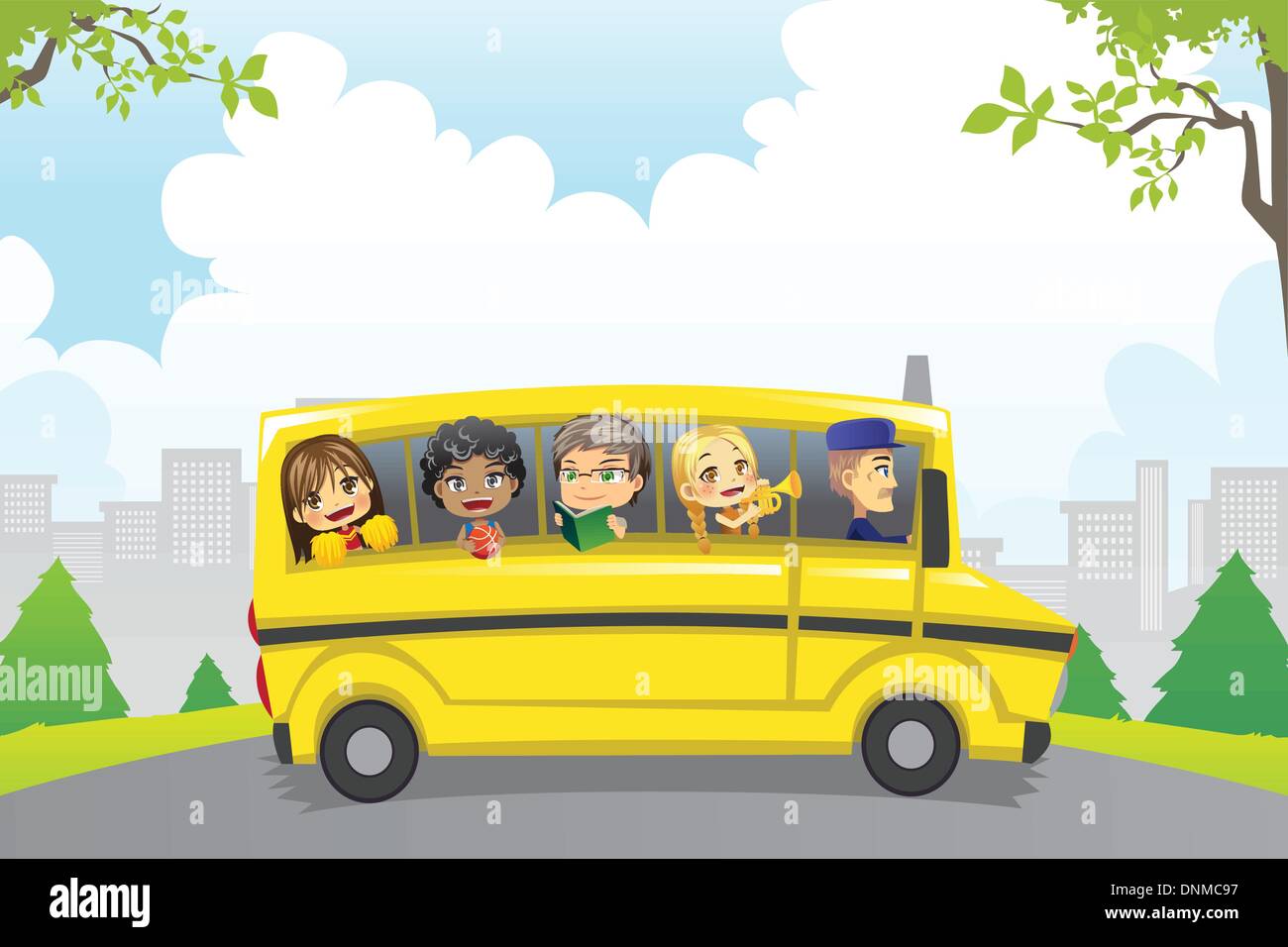 Un vecteur illustration d'enfants équitation dans un autobus scolaire Illustration de Vecteur