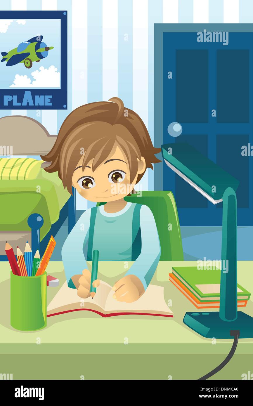 Un vecteur illustration d'un enfant étudier et faire ses devoirs dans sa chambre Illustration de Vecteur
