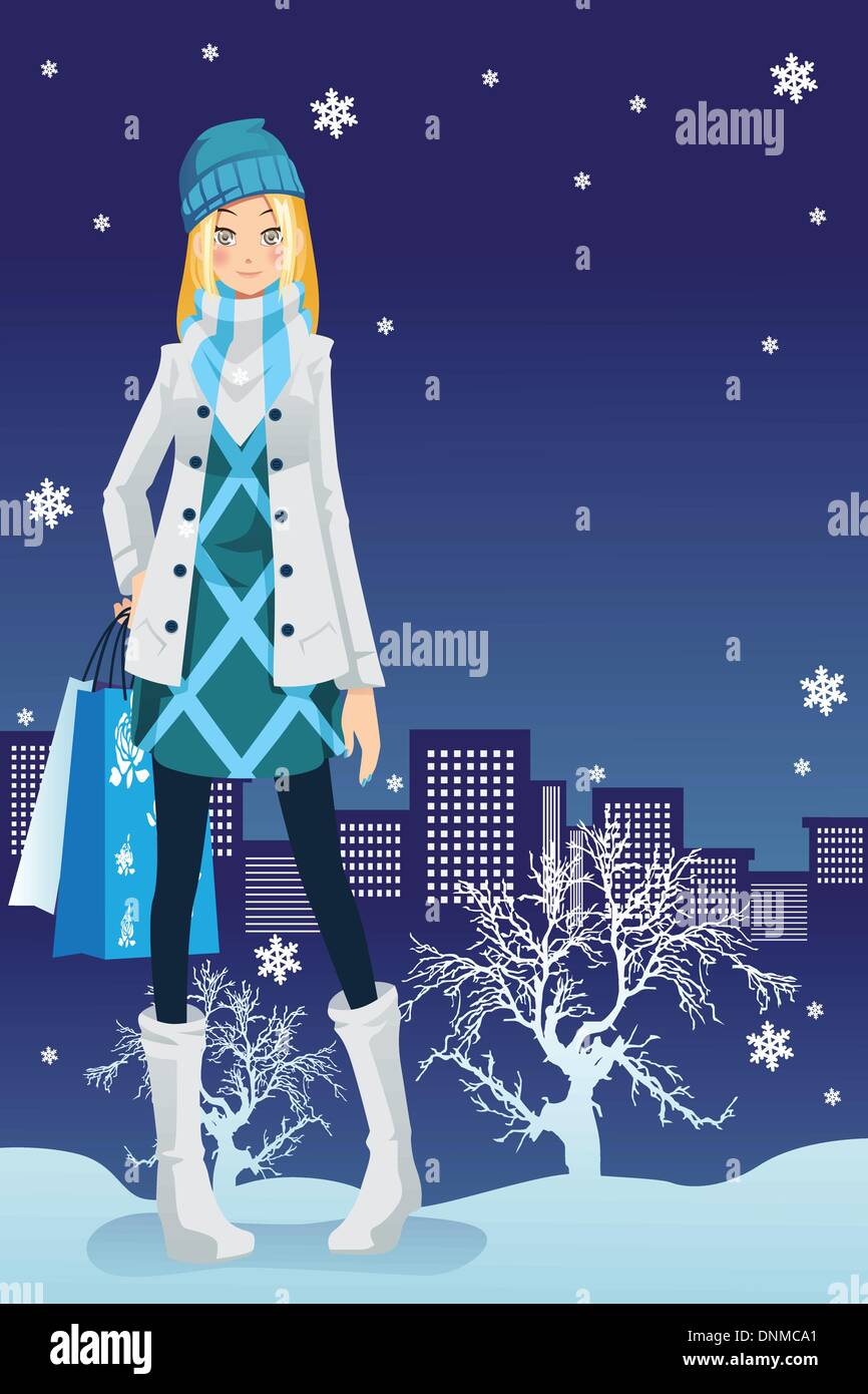 Un vecteur illustration d'une belle jeune fille shopping dans la ville pendant la saison d'hiver Illustration de Vecteur