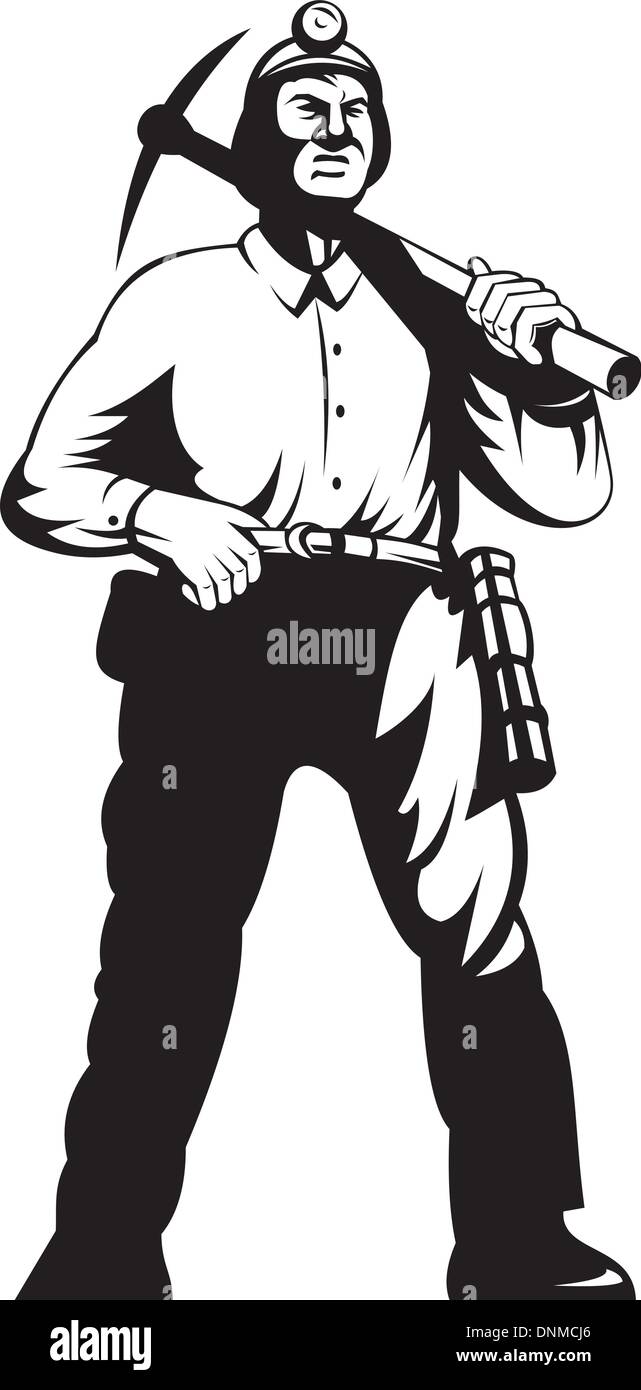 Illustration d'un mineur avec avec pick hache avant marche fait en rétro style gravure sur bois Illustration de Vecteur