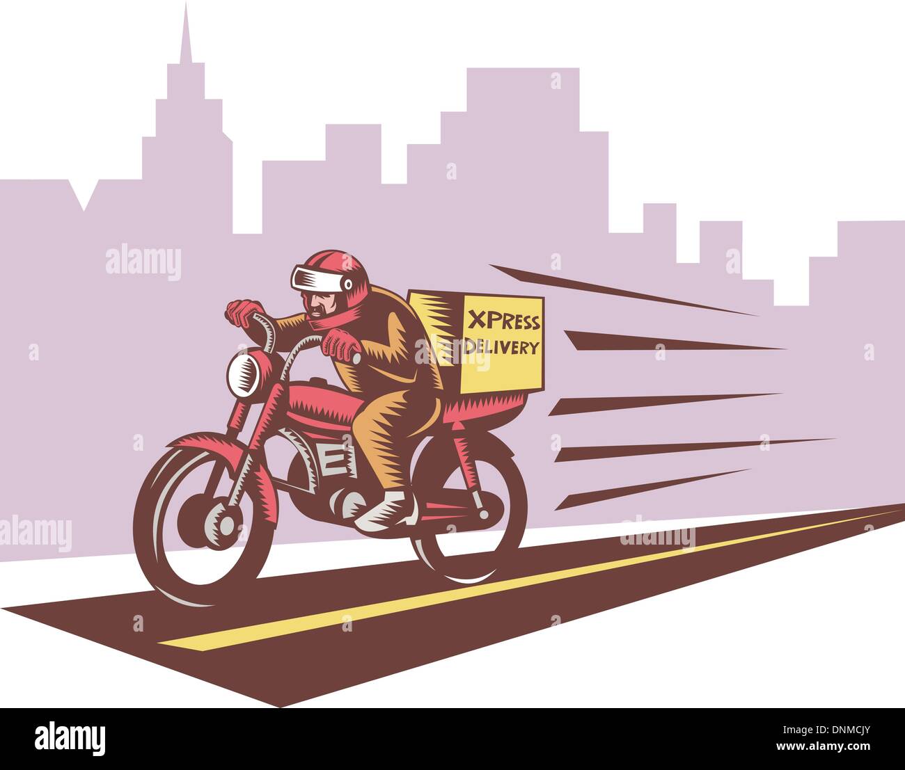 Illustration d'un courier delivery person riding motorbike fait dans le style gravure sur bois Illustration de Vecteur