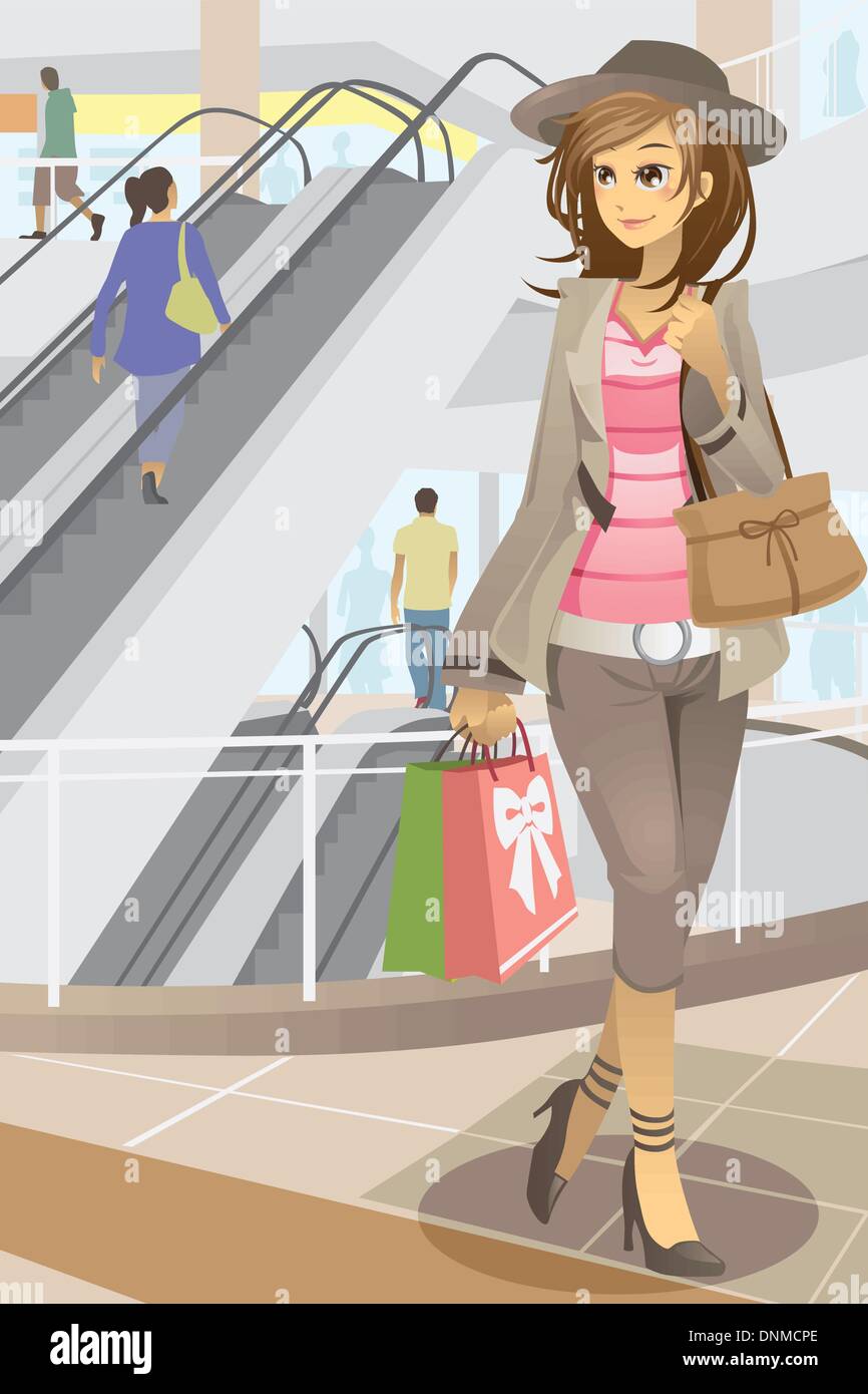 Un vecteur illustration d'une jeune femme moderne du shopping dans un centre commercial Illustration de Vecteur