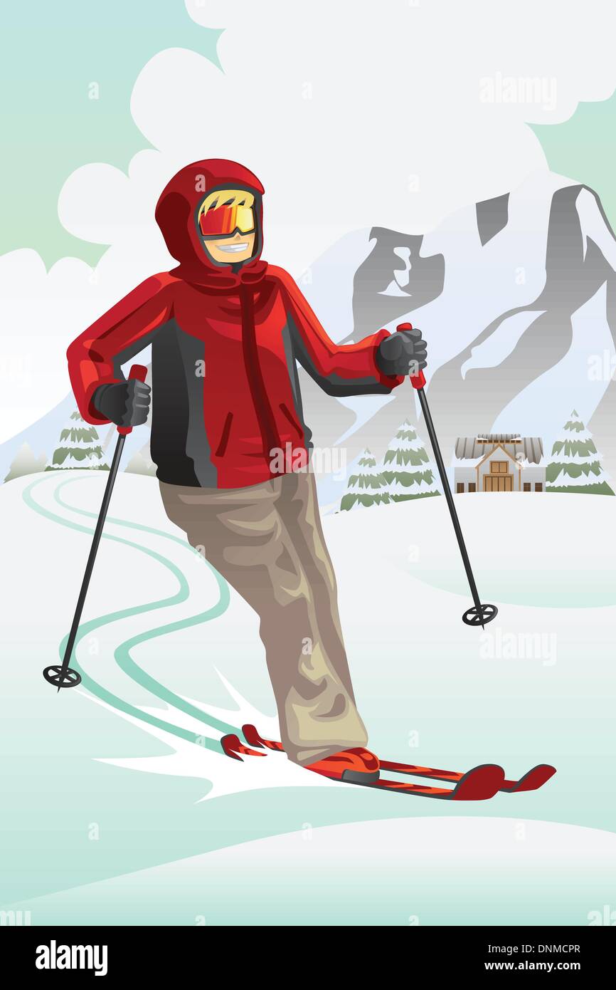 Vector illustration d'un skieur ski dans la montagne Illustration de Vecteur