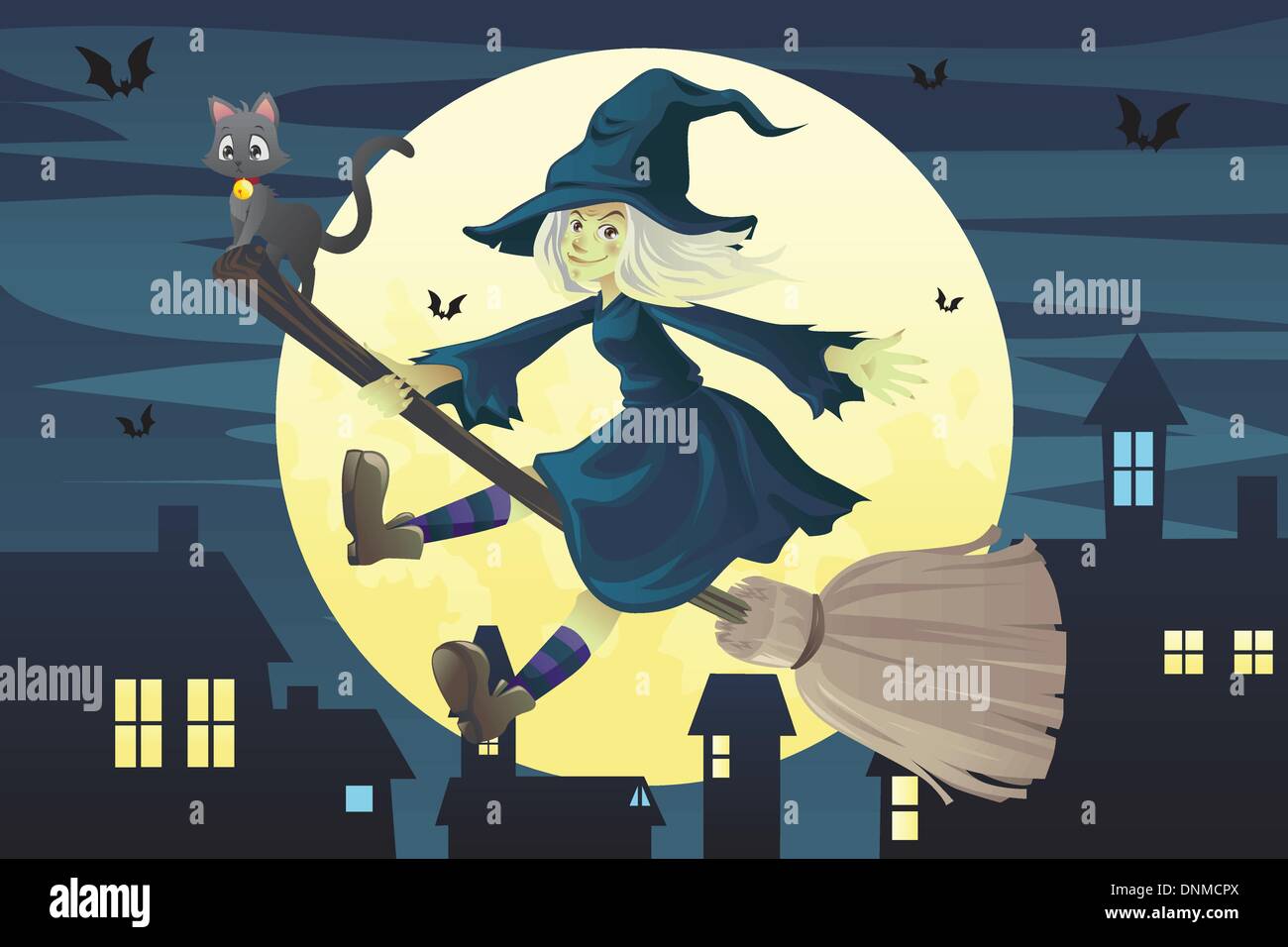 Un vecteur illustration d'un vol d'Halloween sorcière sur un balai dans la soirée Illustration de Vecteur